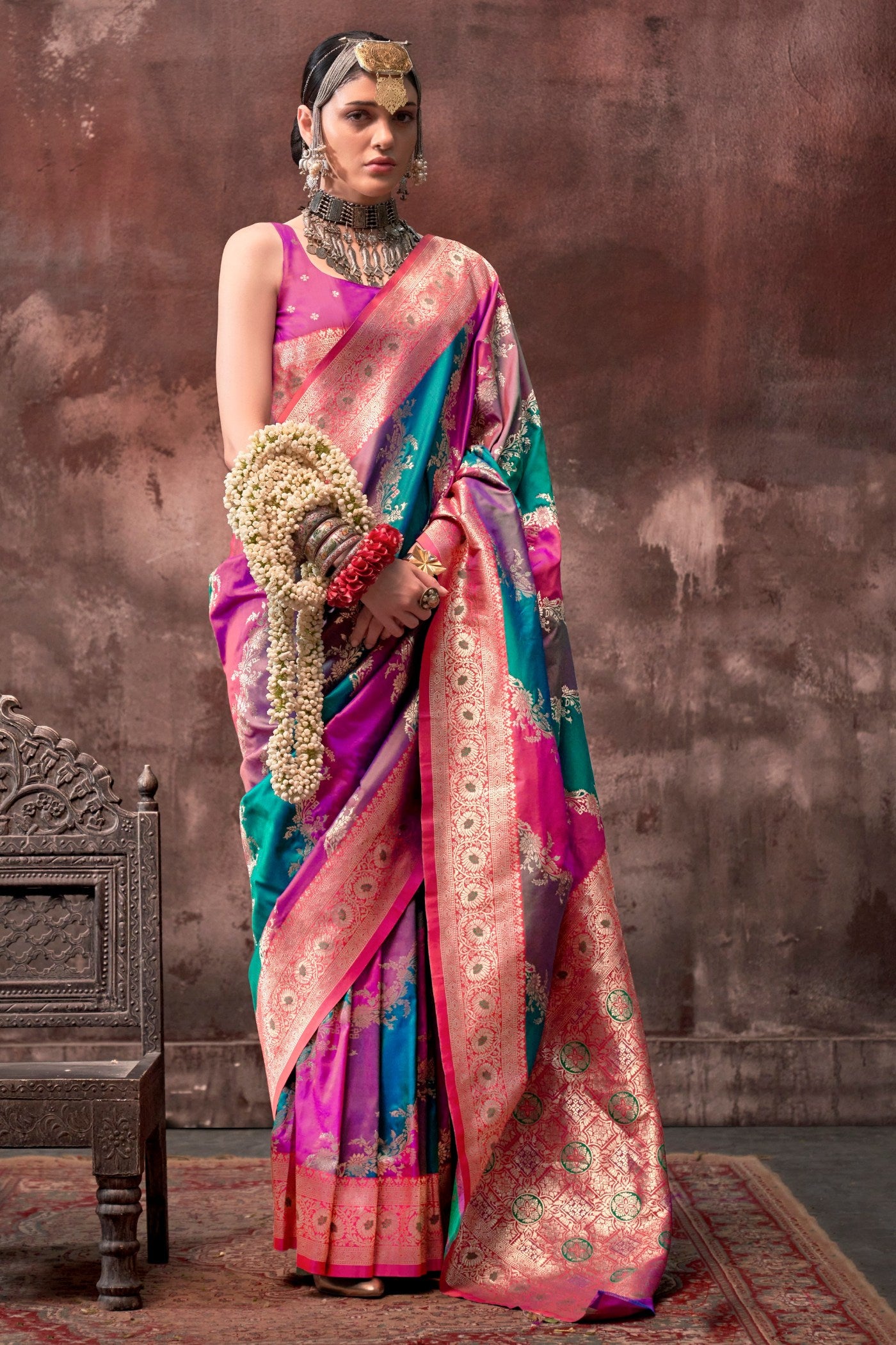 Buy MySilkLove Eastern Blue and Pink Rangkaat Handloom Banarasi Saree Online