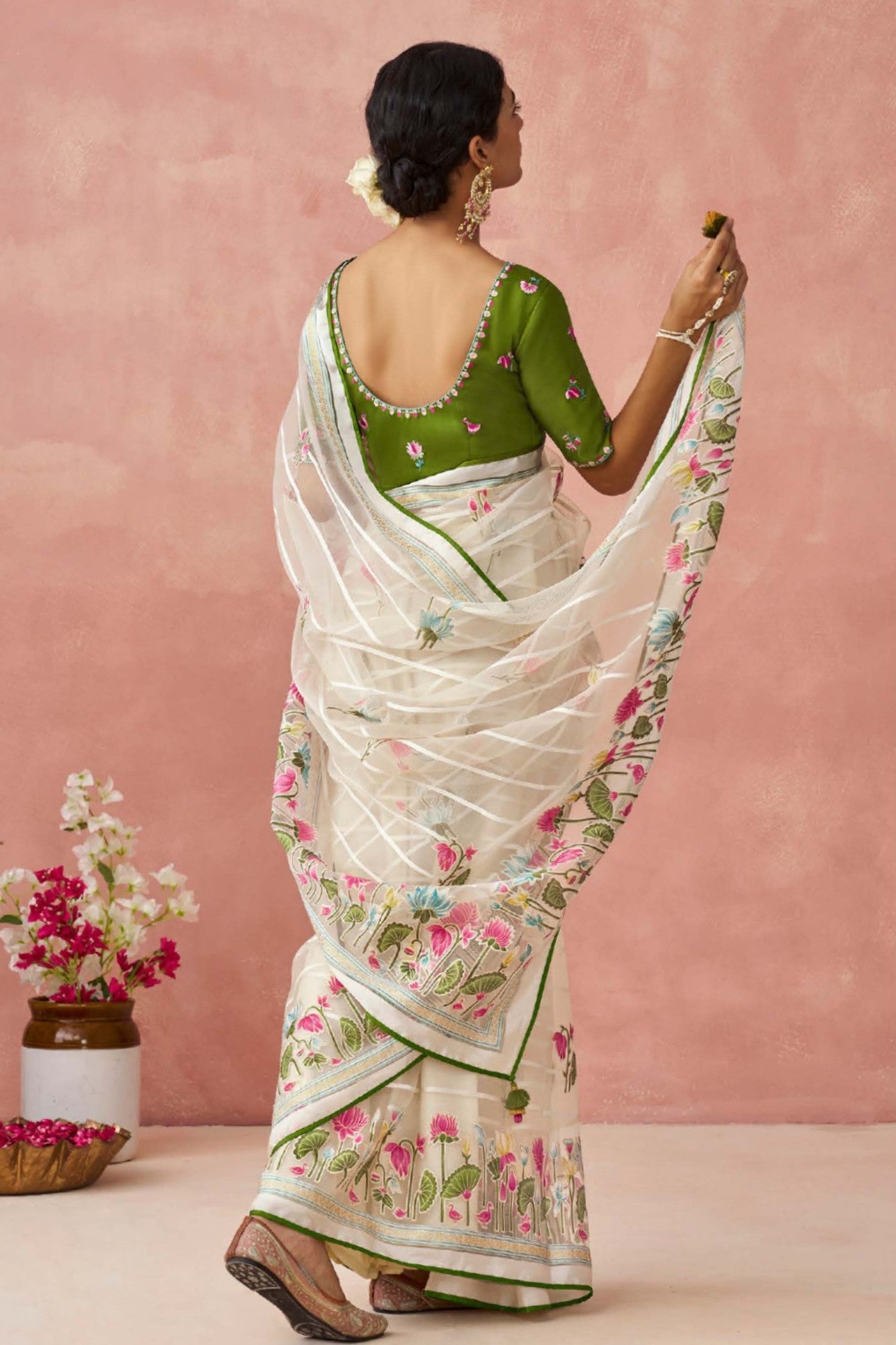 Buy MySilkLove Pearl White and Green Brasso Organza Printed Saree Online