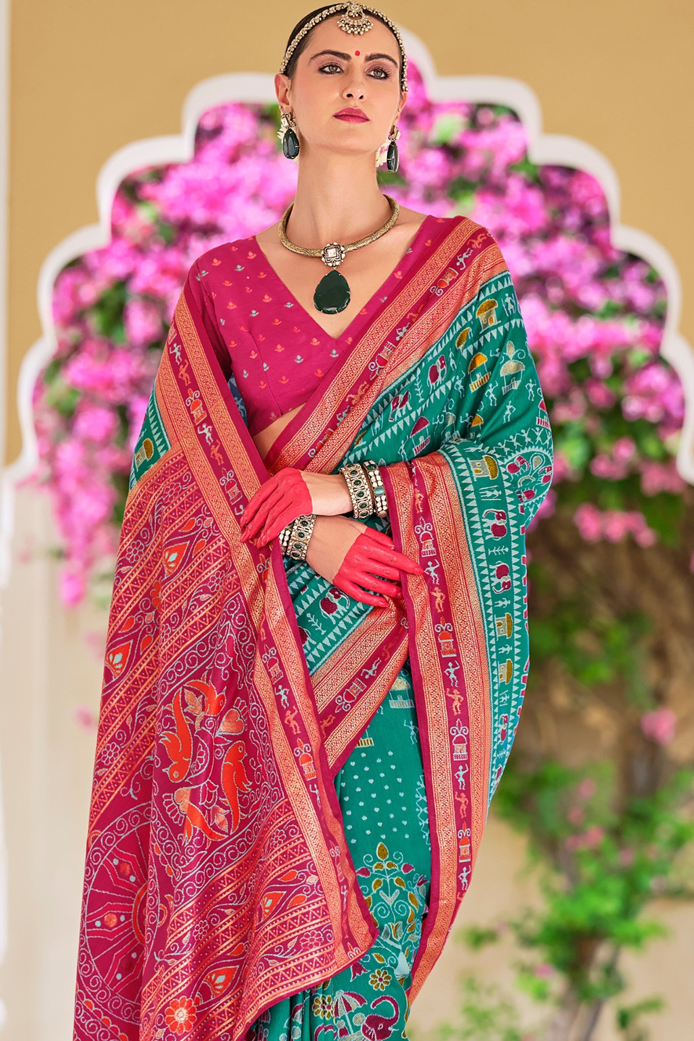 Buy MySilkLove Jungle Green and Pink Printed Patola Saree Online