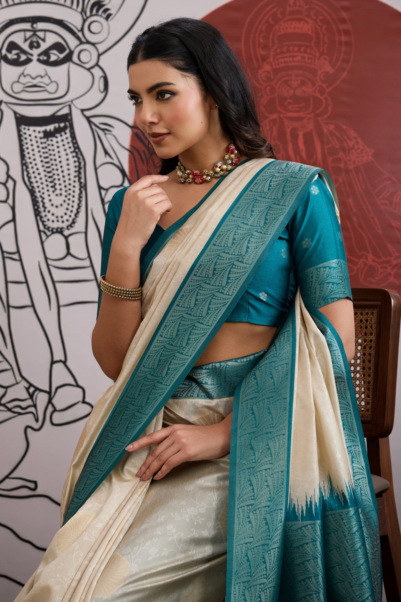MySilkLove Buttermilk Cream and Blue Handloom South Silk Saree