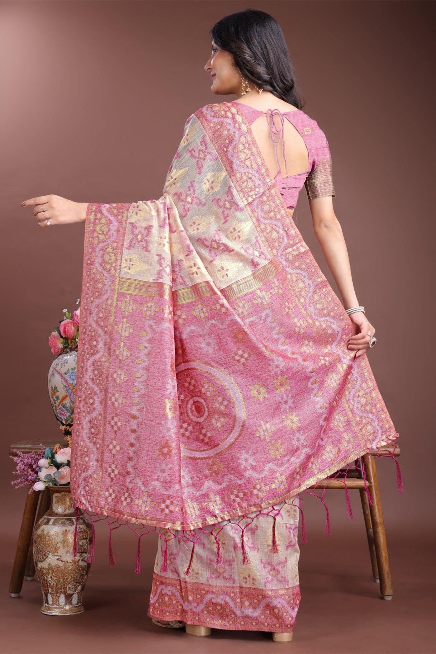 Buy MySilkLove Moranch Pink Linen Cotton Saree Online