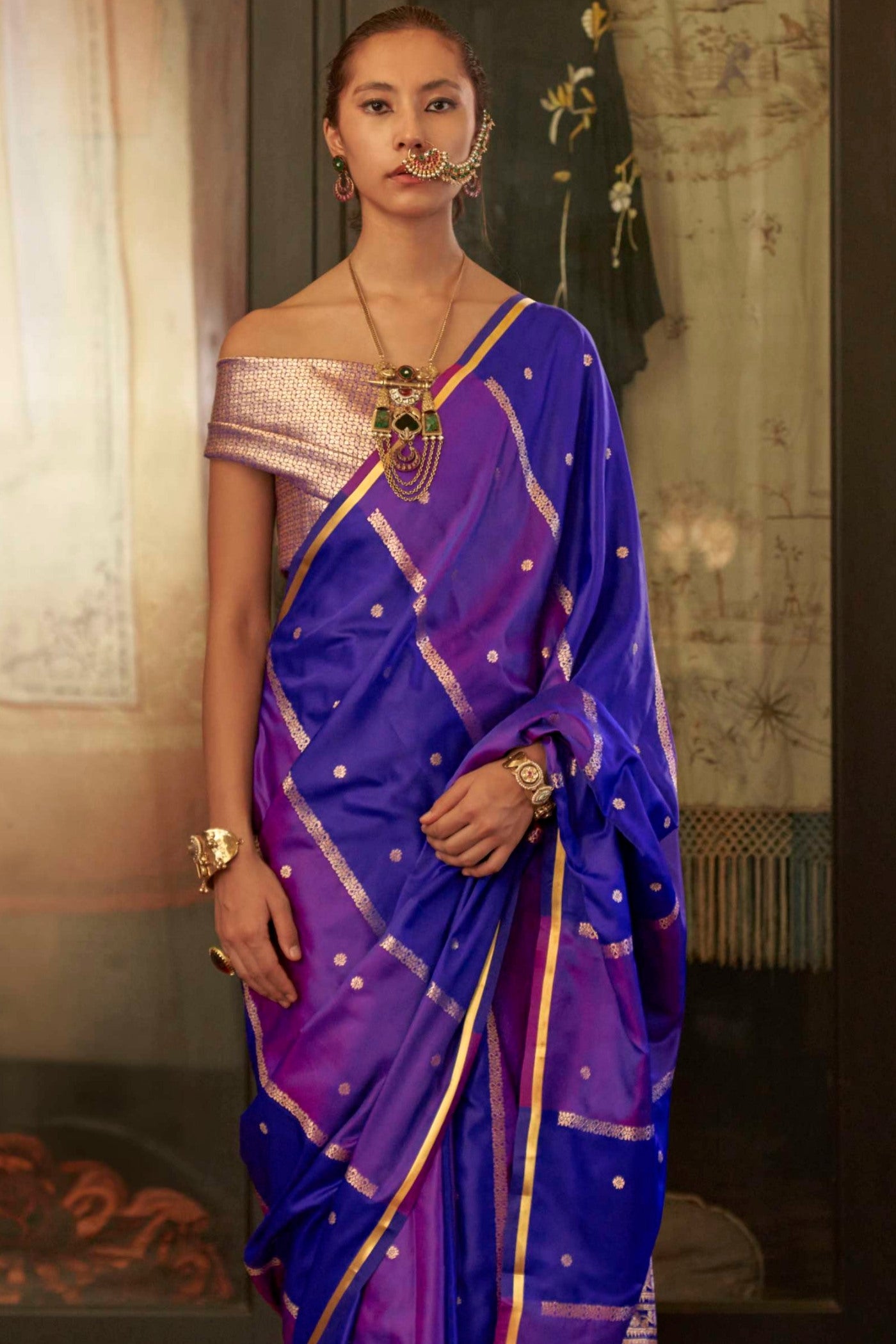 Buy MySilkLove Stratos Blue Handloom Rangkat Banarasi Satin Silk Saree Online