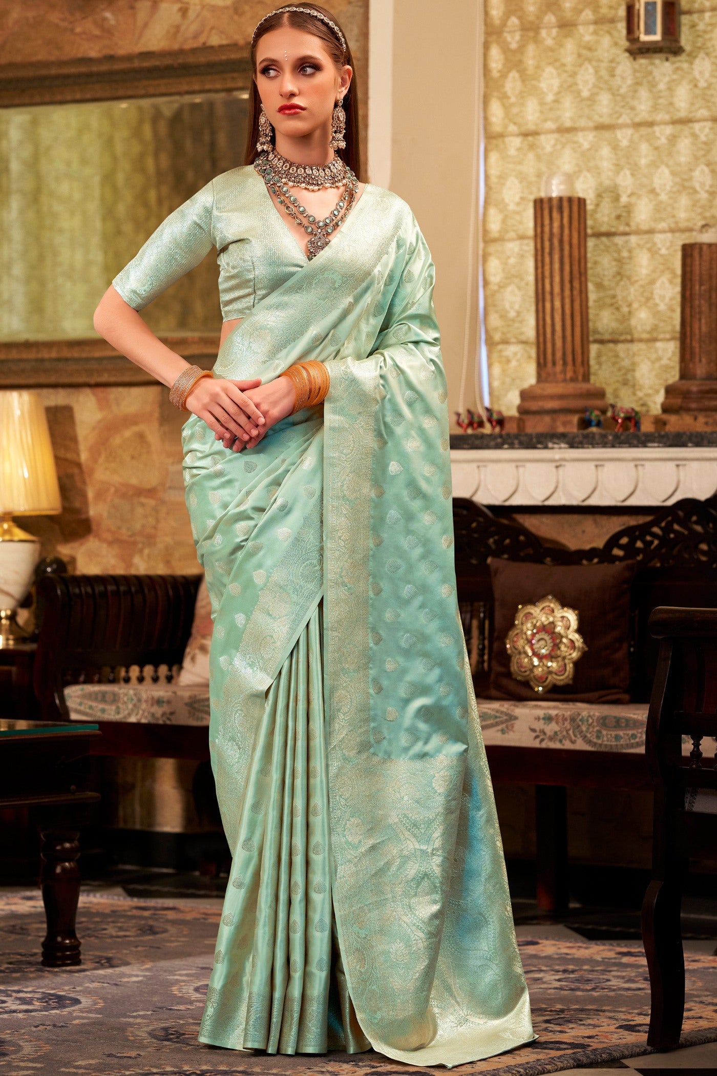 Buy MySilkLove Artichoke Green Woven Banarasi Satin Soft Silk Saree Online