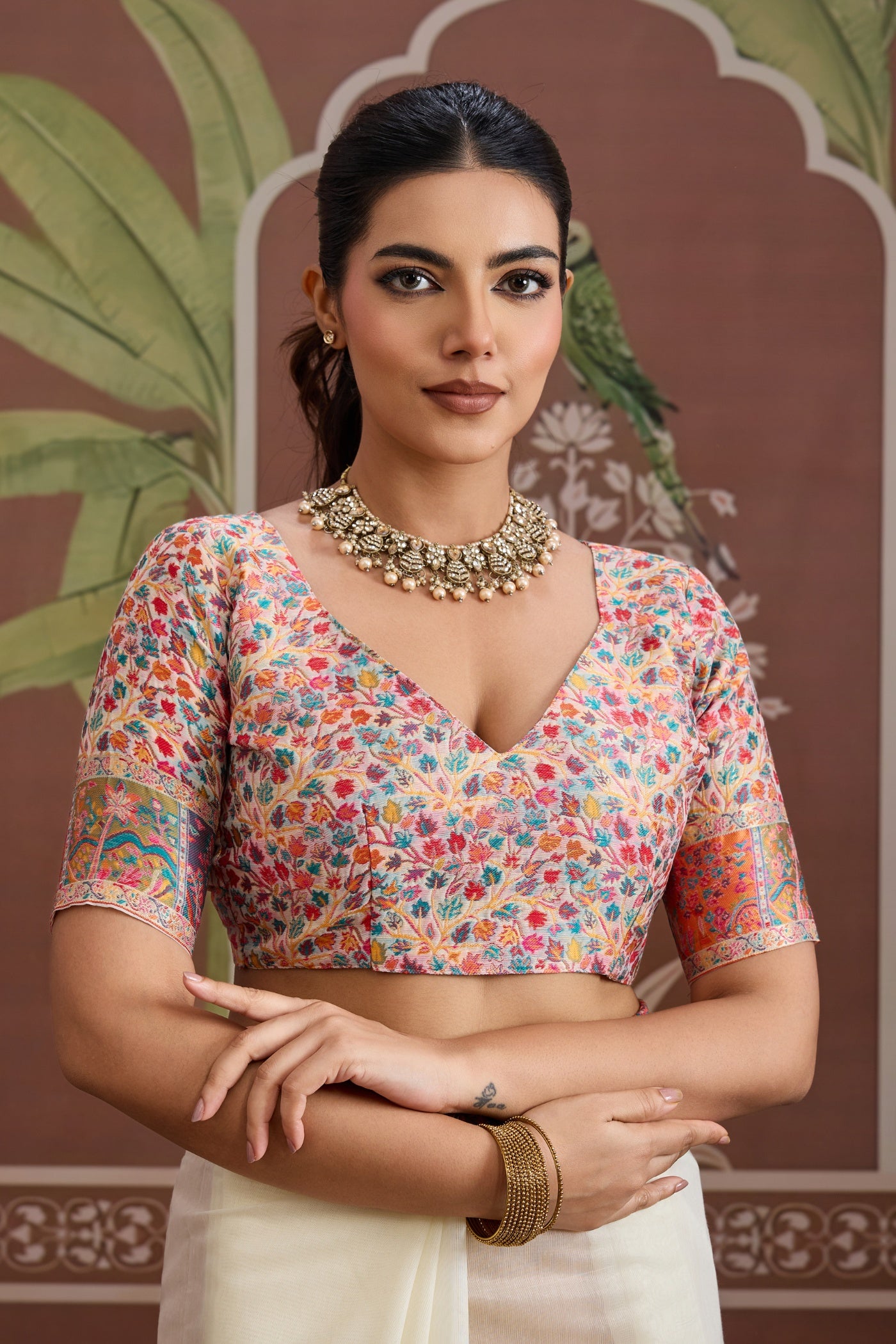 Buy MySilkLove Milk White Kashmiri Handllom Jamewar Saree Online