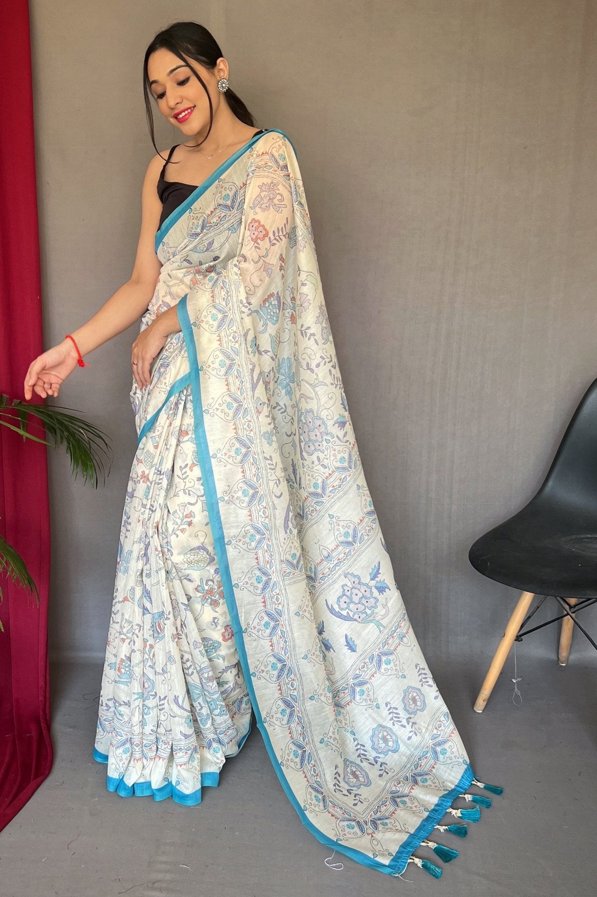 Buy MySilkLove River Blue and White Printed Cotton Saree Online