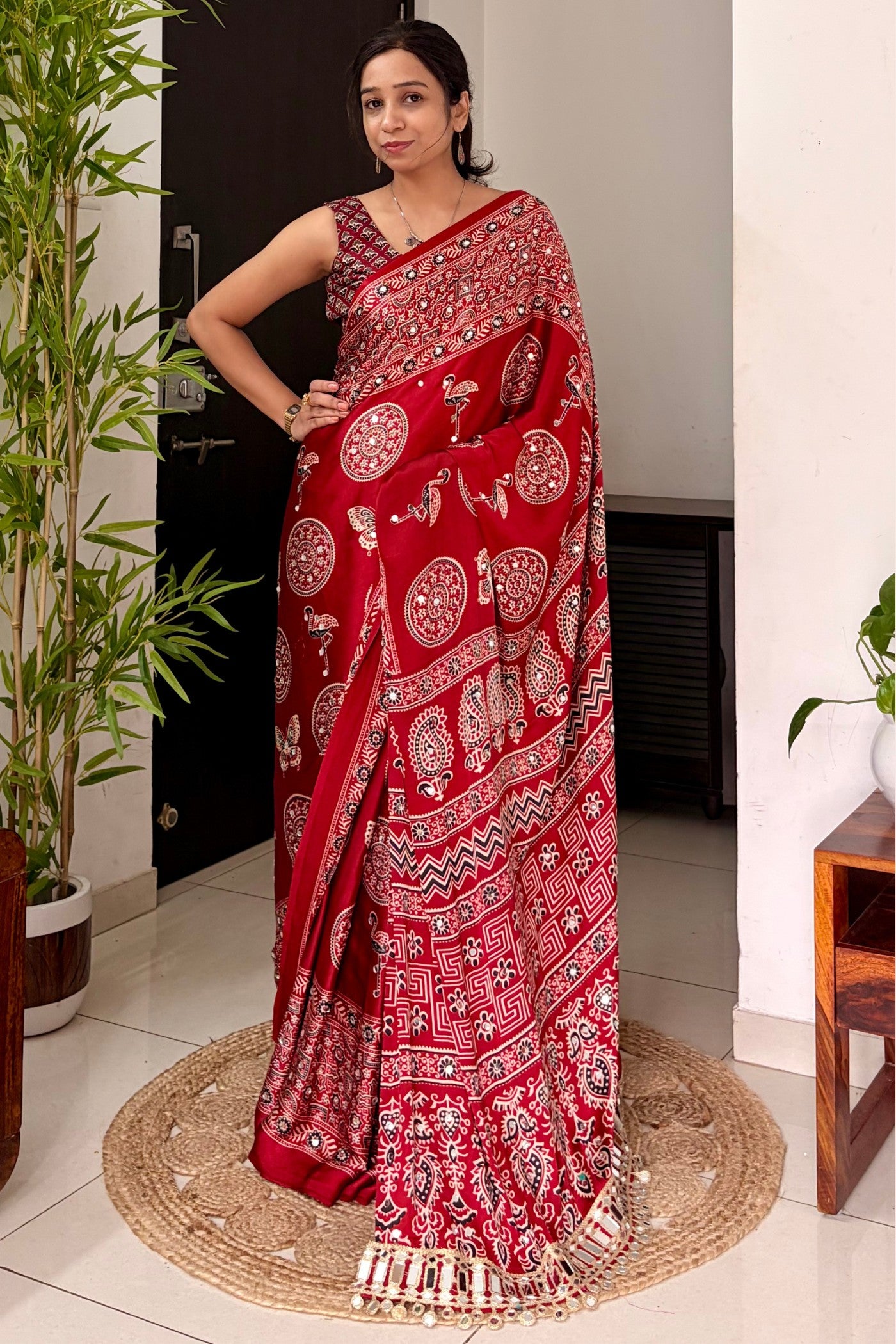Buy MySilkLove Chili Red Ajrakh Satin Printed Mirror Work Saree Online