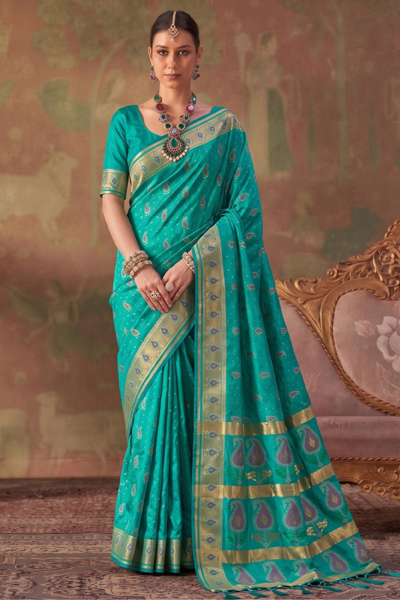 Buy MySilkLove Sea Green Woven Banarasi Soft Silk Saree Online