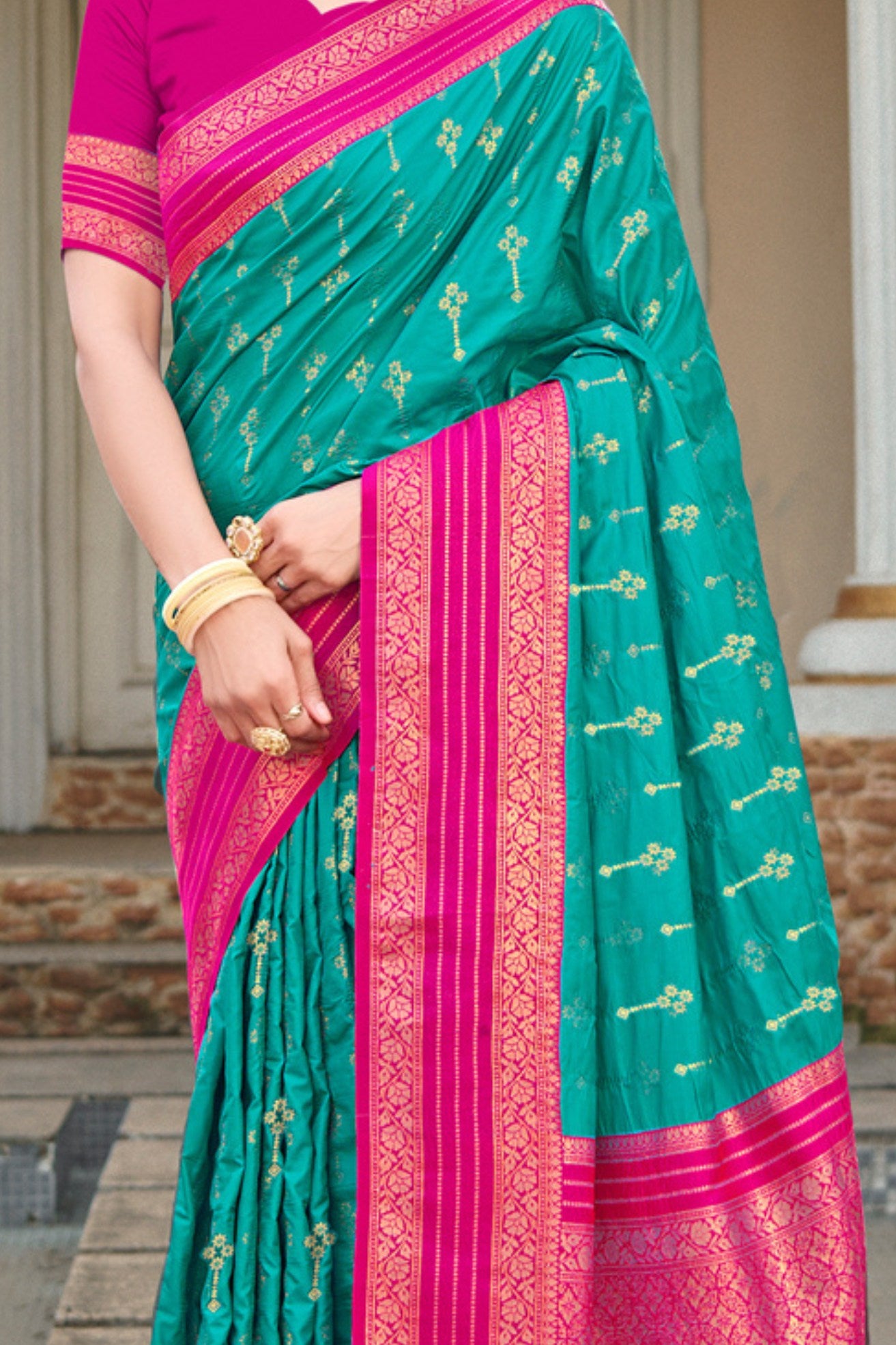 Buy MySilkLove Teal Blue and Pink Woven Banarasi Saree Online