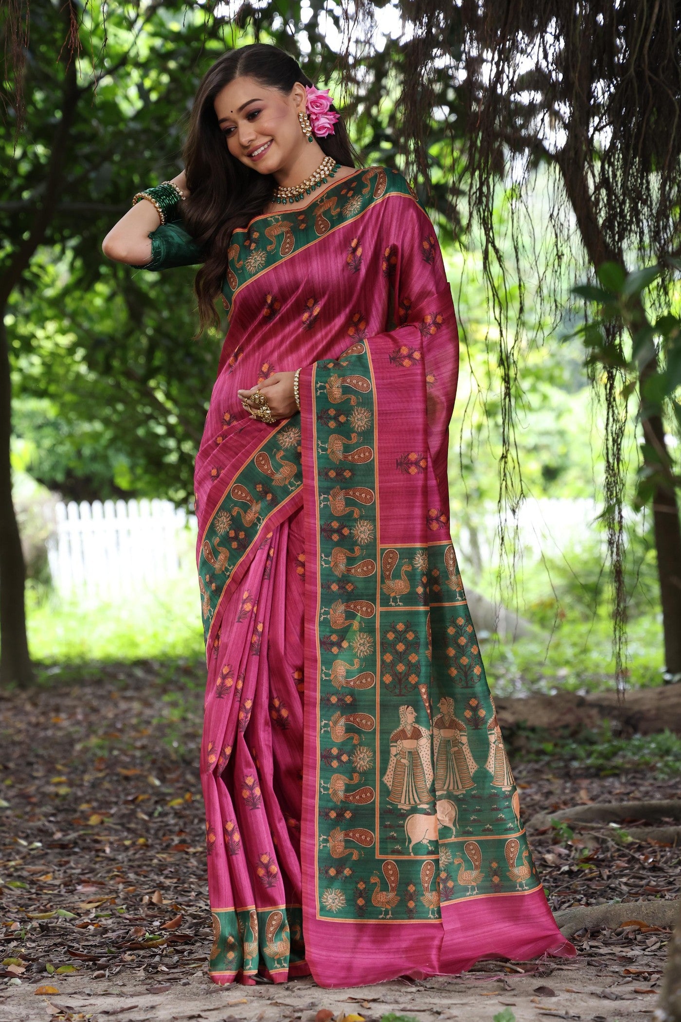 Buy MySilkLove Flamingo Pink Madhubani Tussar Printed Silk Saree Online