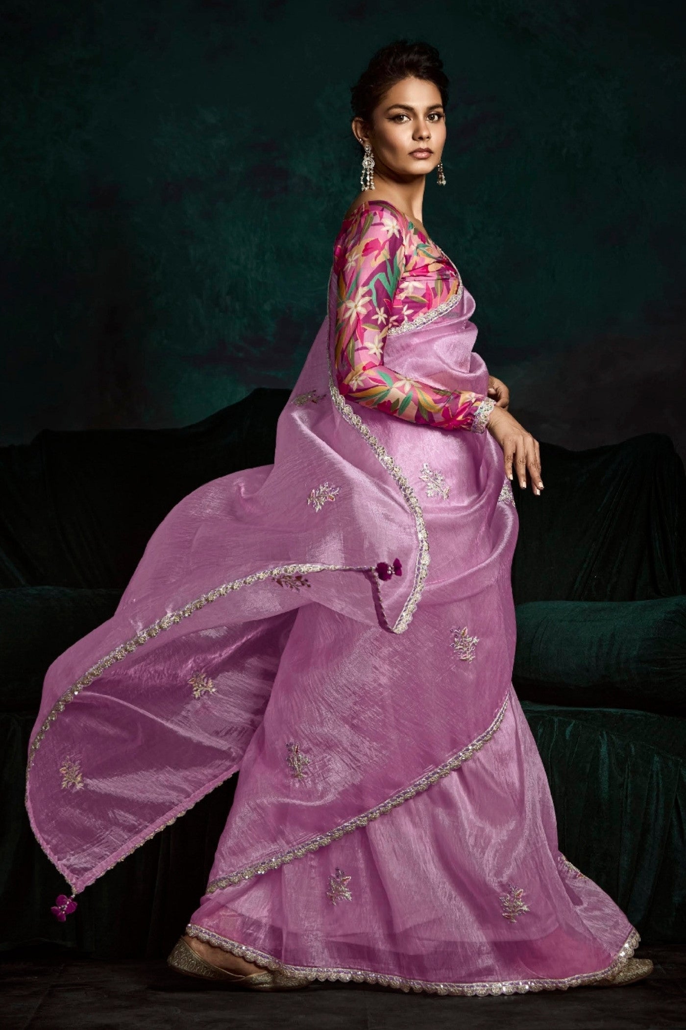 Buy MySilkLove Bubblegum Pink Embroidered Tissue Designer Saree Online