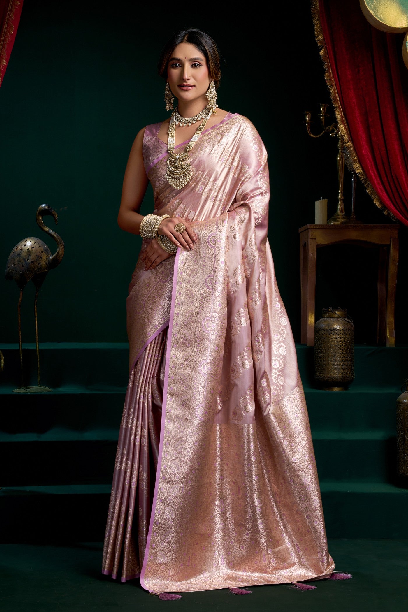 Buy MySilkLove Cameo Pink Banarasi Handloom Satin Soft Silk Saree Online