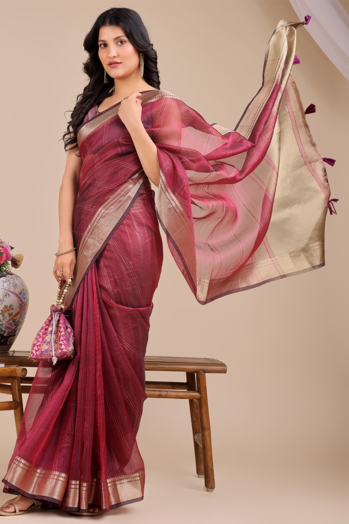 MySilkLove Burgundy Maroon Woven Organza Saree