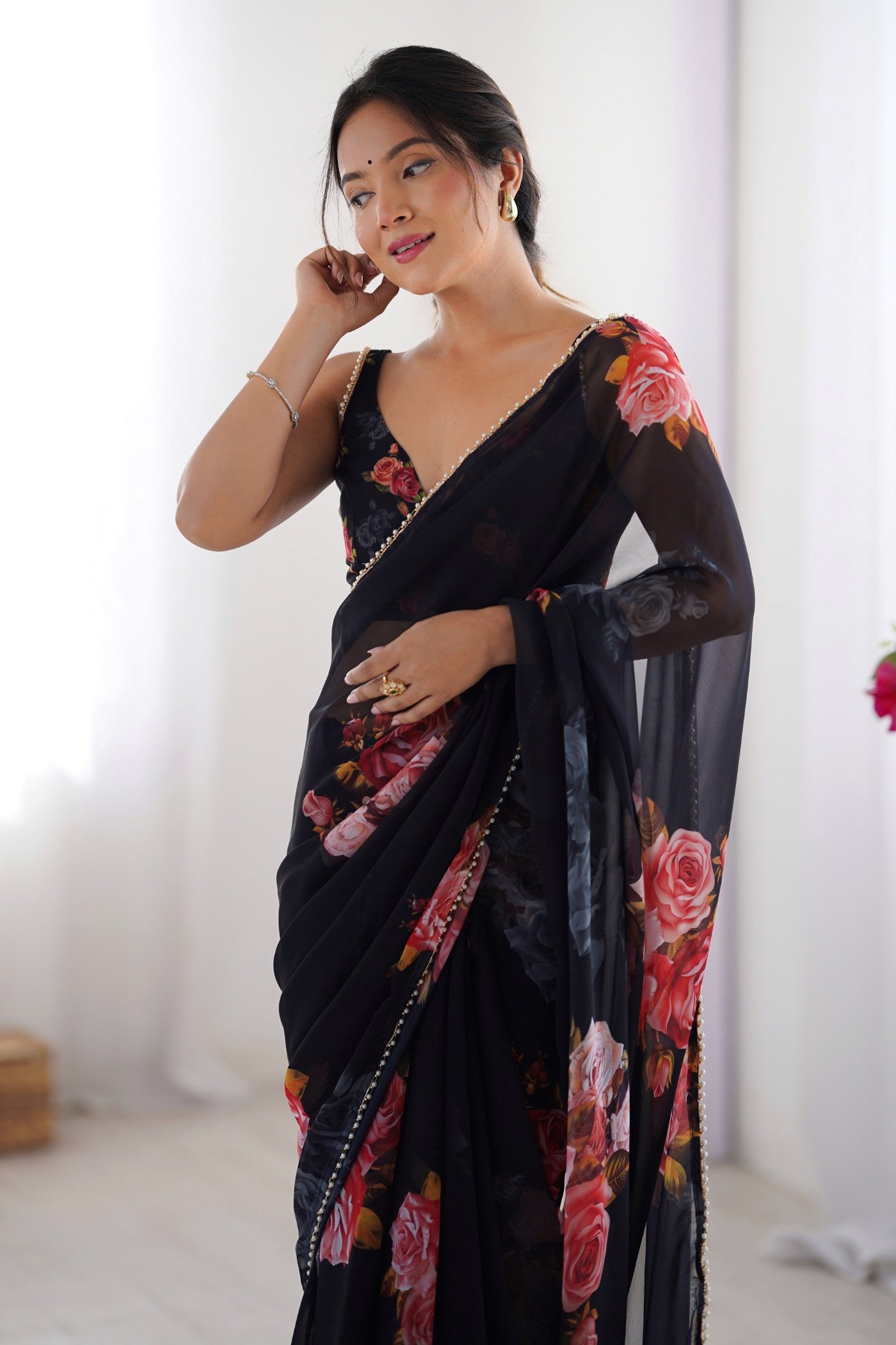 MySilkLove Viola Black Printed Georgette Saree