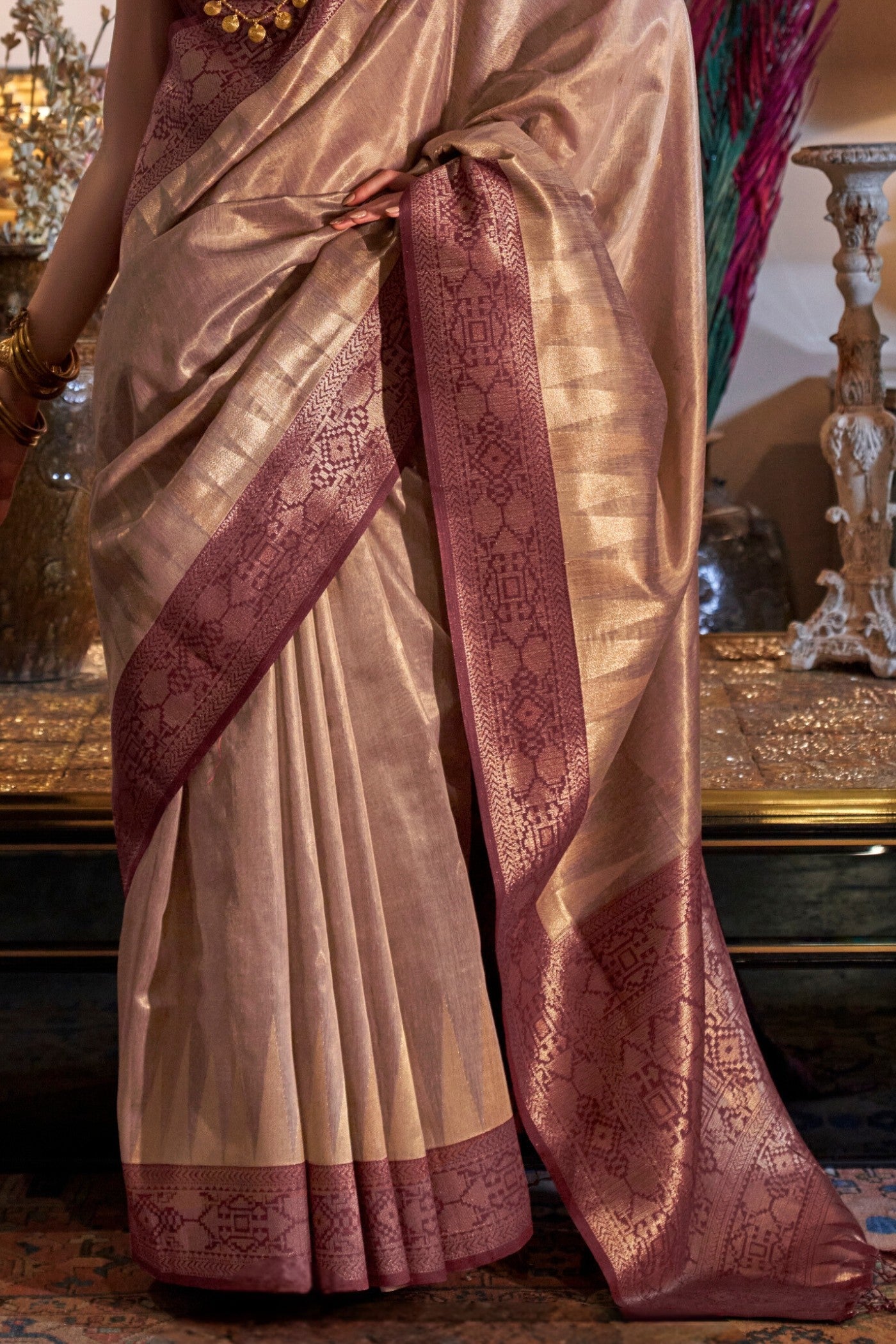 Buy MySilkLove Coca Brown Woven Tissue Silk Saree Online