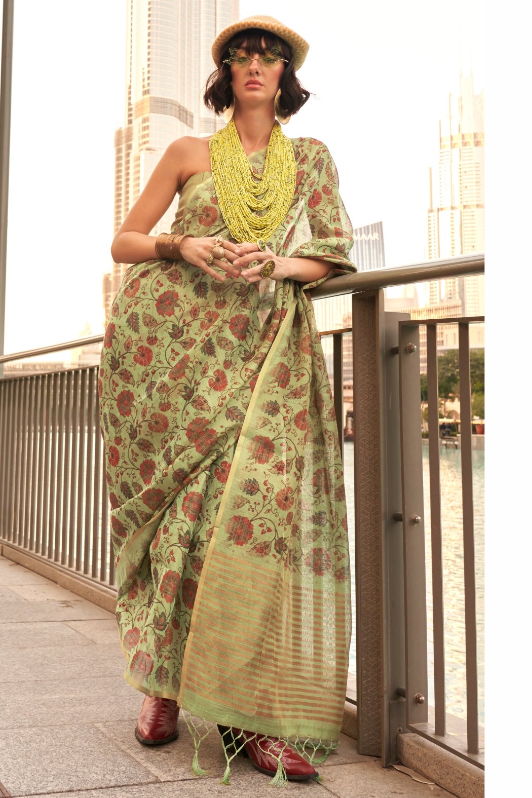 Buy MySilkLove French Green Printed Tissue Saree Online