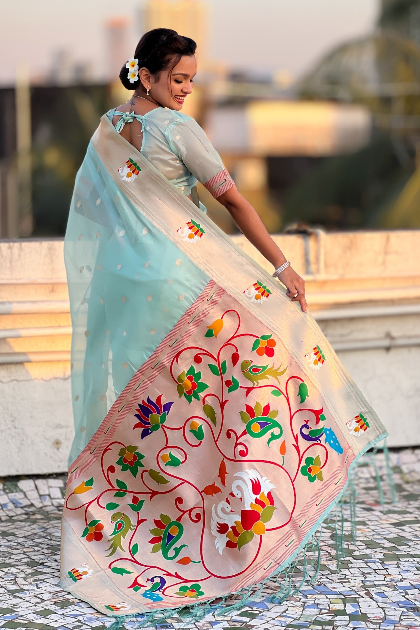 Buy MySilkLove Prussian Blue Organza Woven Paithani Saree Online