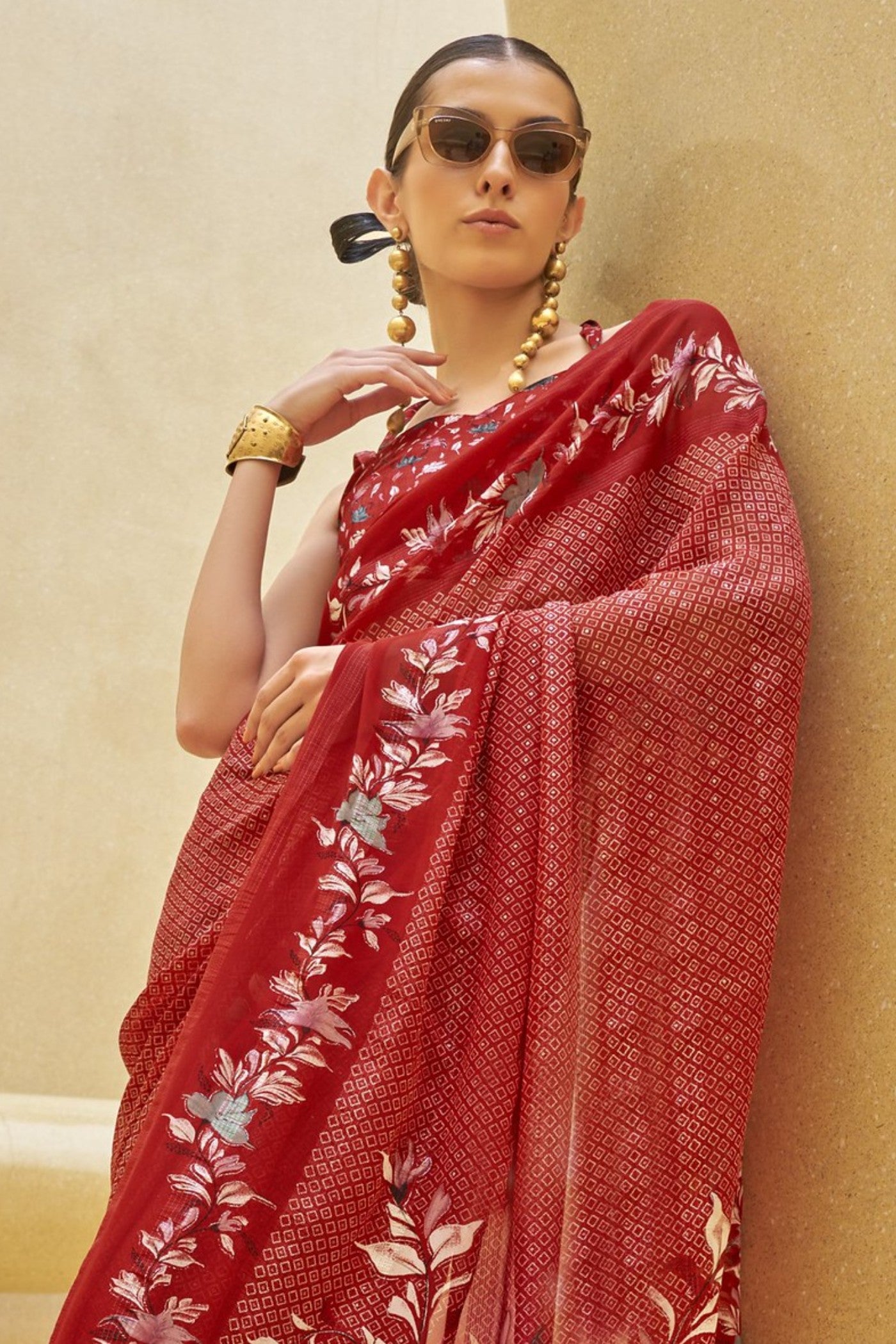 Buy MySilkLove Cherry Red Georgette Printed Saree Online