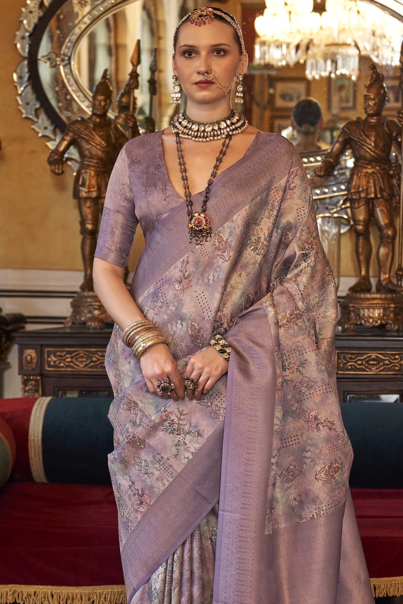 Buy MySilkLove Bouquet Purple Tussar Banarasi Digital Printed Saree Online