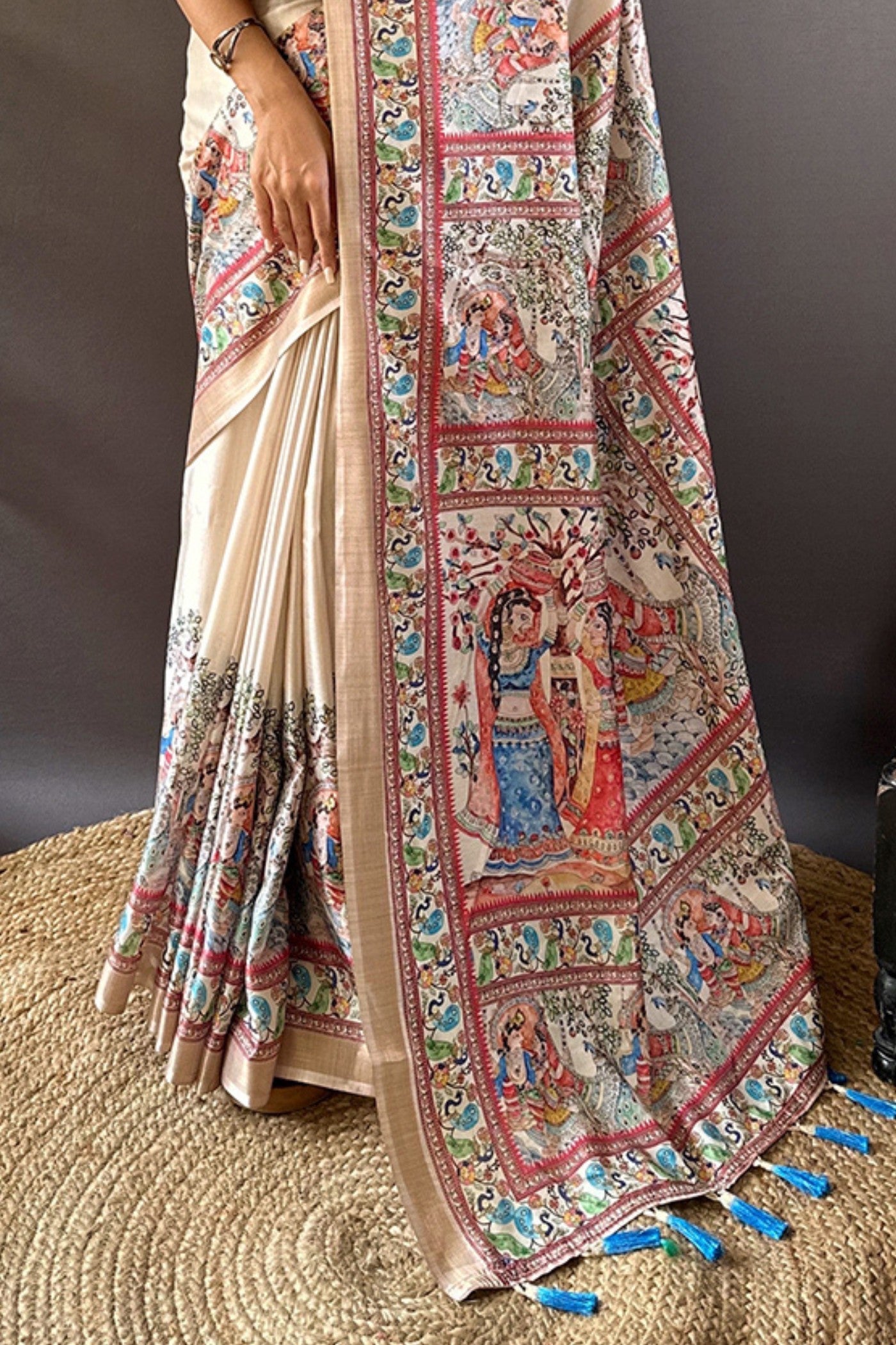 Buy MySilkLove Spanish Cream Madhubani Printed Tussar Silk Saree Online