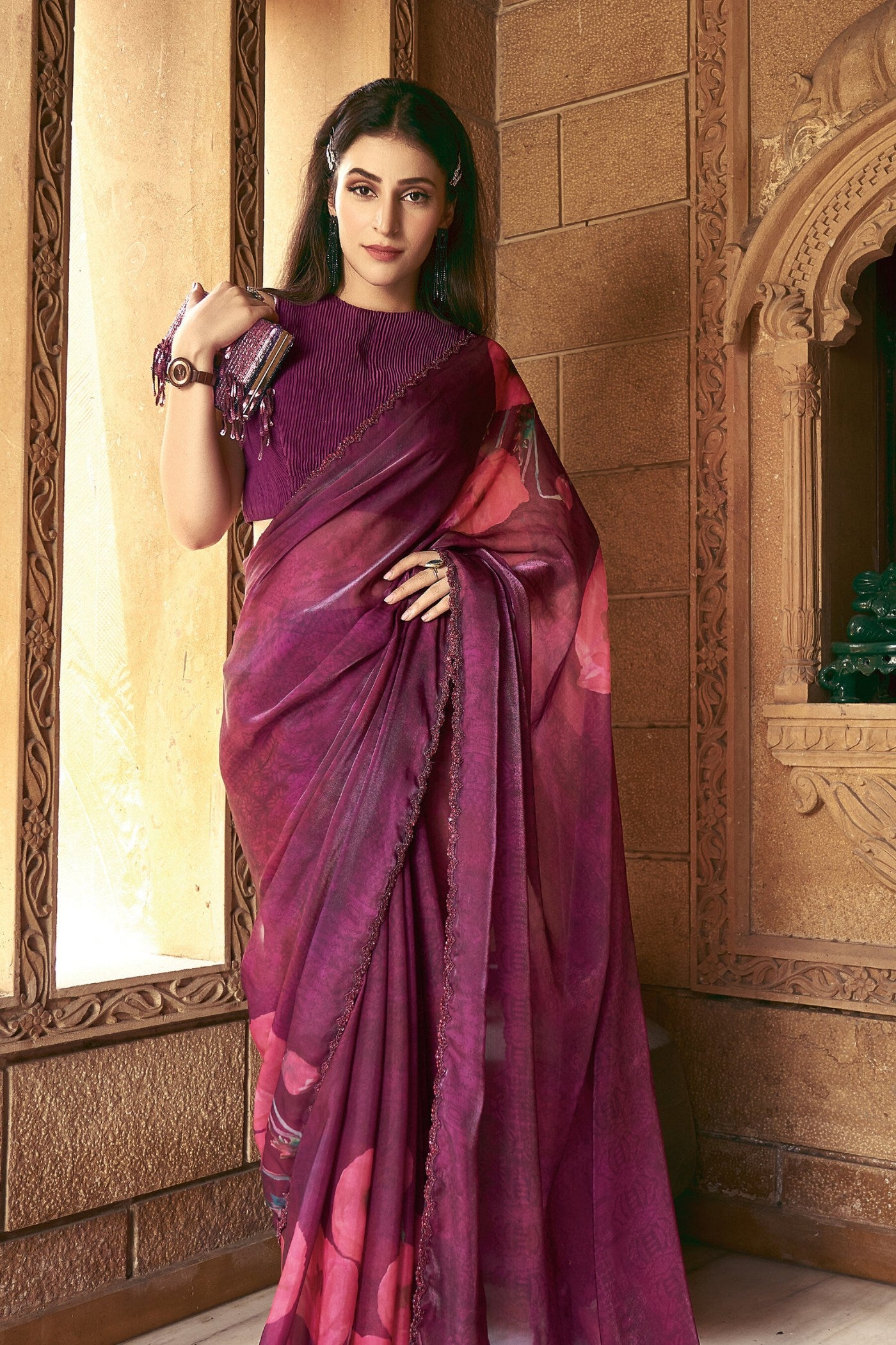 Buy MySilkLove Orchid Pearl Purple Satin Printed Silk Saree Online