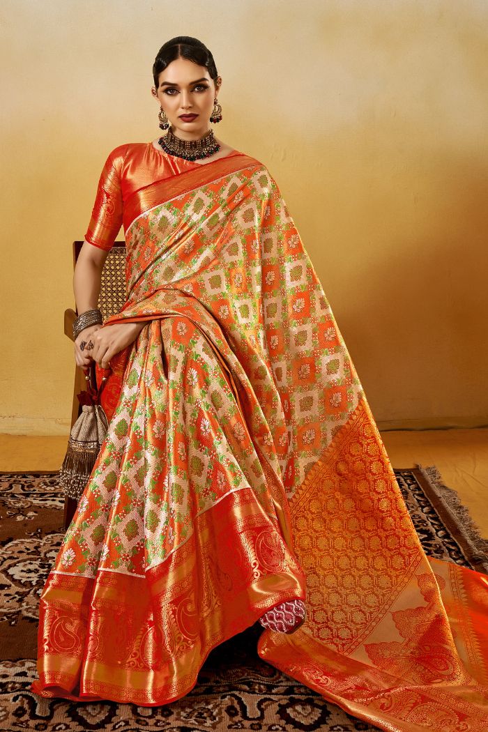 MySilkLove Porsche Orange Woven Kanjivaram Saree