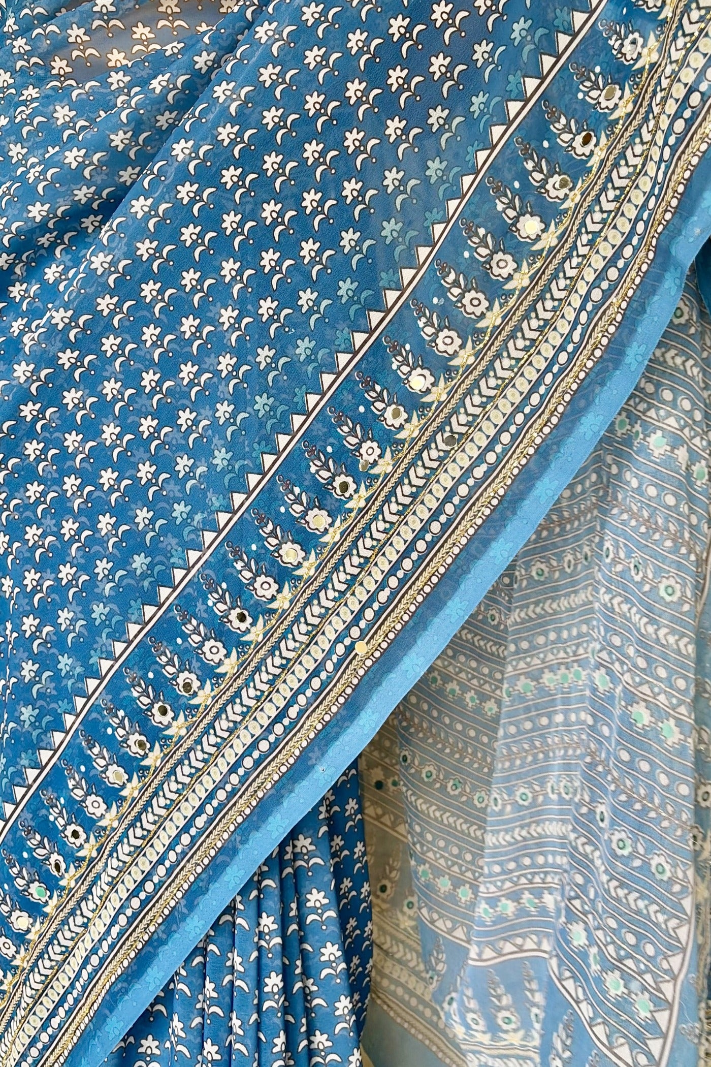 Buy MySilkLove Calypso Blue Ajrakh Georgette Printed Mirror Work Saree Online