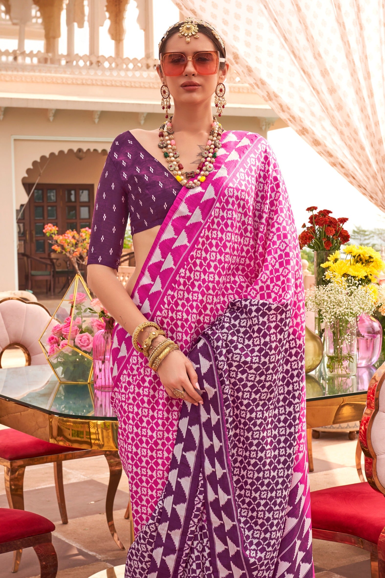 MySilkLove Melon Pink and Purple Printed Patola Saree