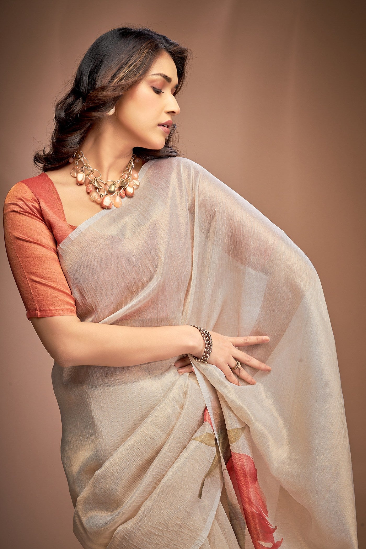 Buy MySilkLove Magnolia White Printed Tissue Saree Online