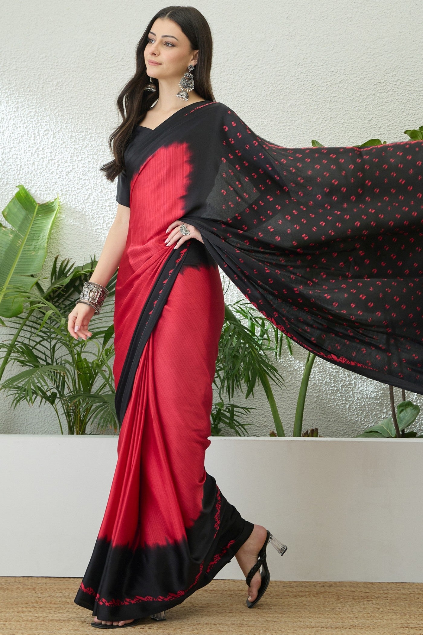 Buy MySilkLove Imperial Red and Black Printed Satin Crepe Silk Saree Online