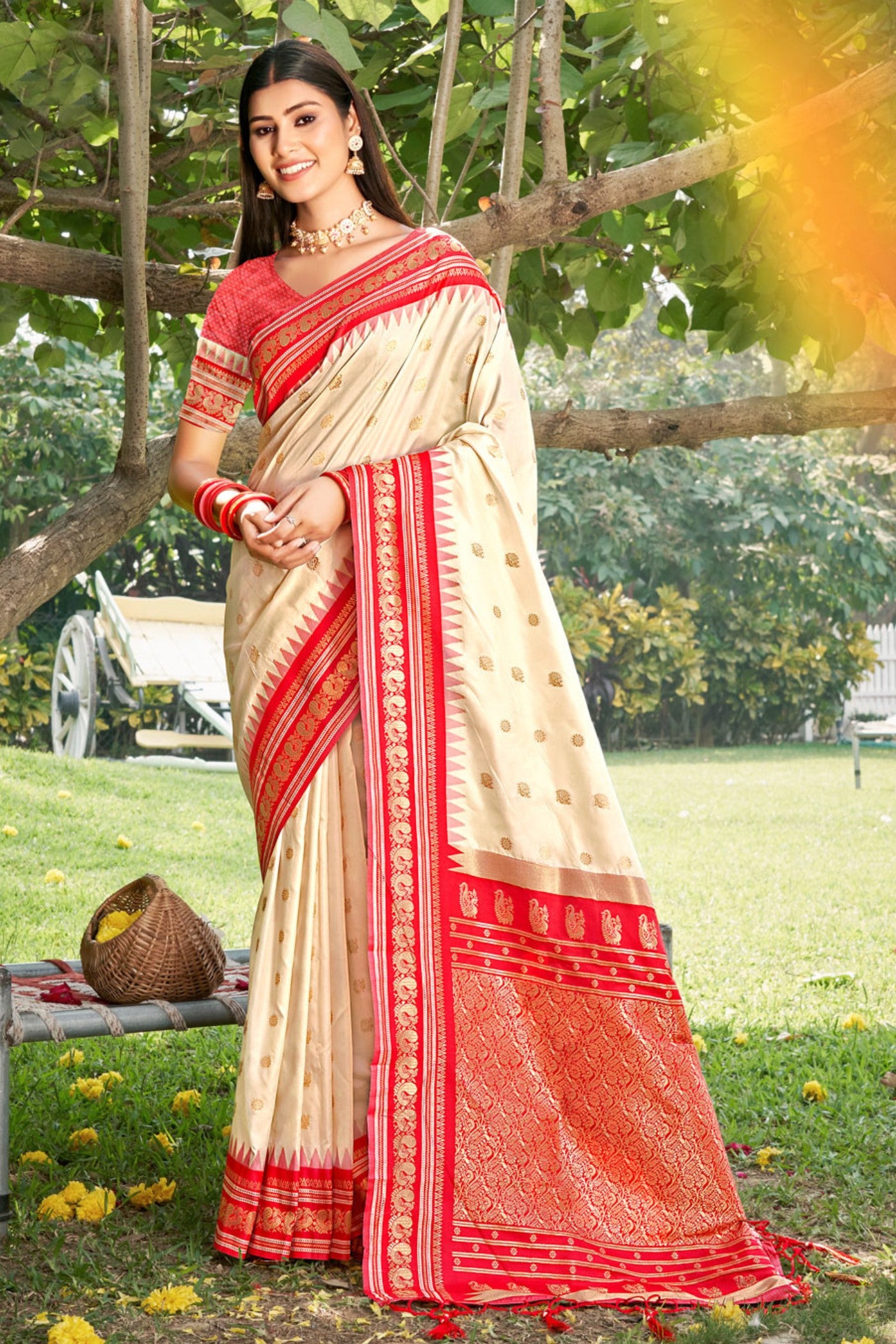 Buy MySilkLove Seashell White Banarasi Woven Soft Silk Saree Online