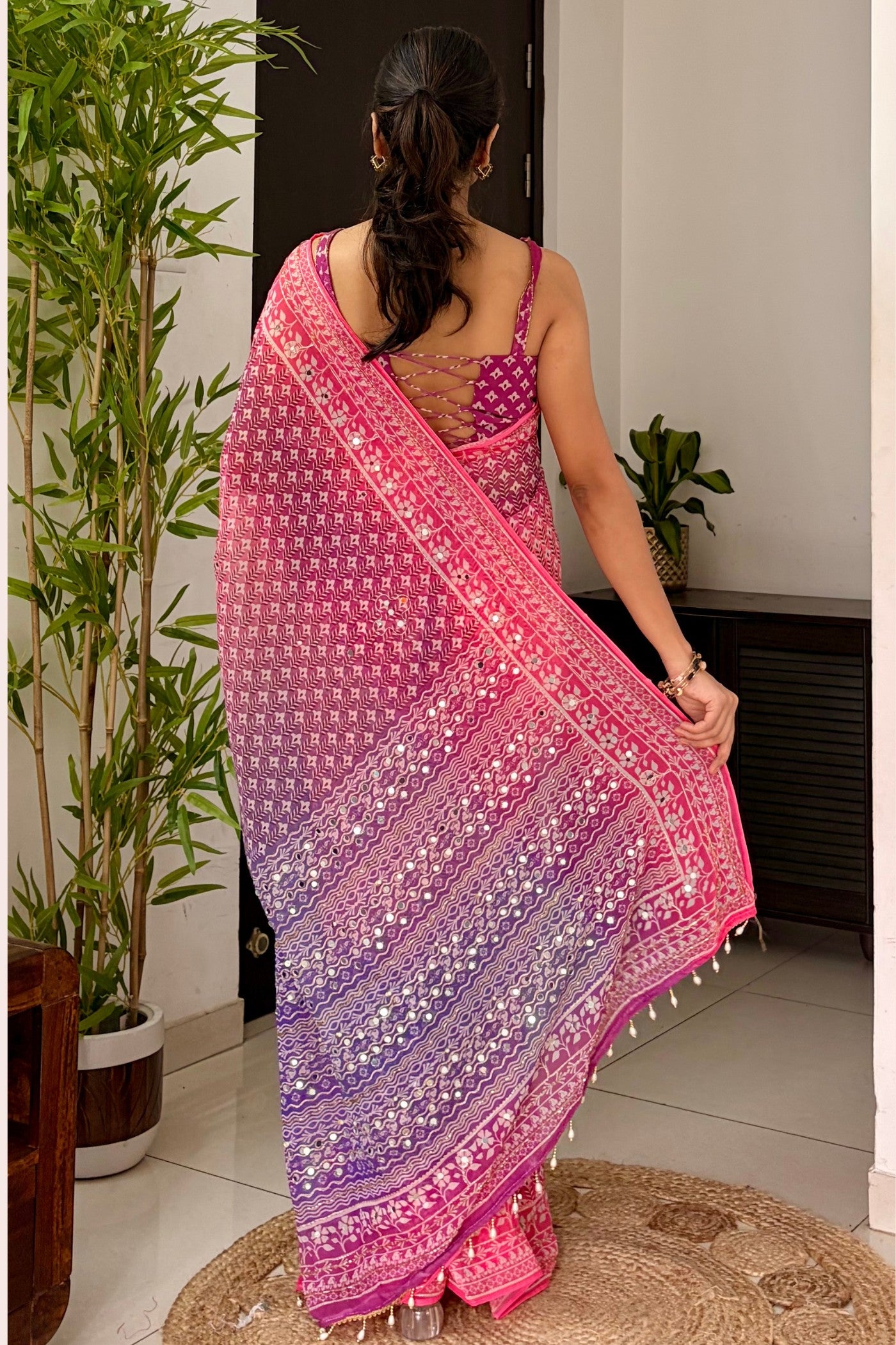 Buy MySilkLove Kareena Kapoor Inspired: Pink Ajrakh Georgette Mirror Work Saree Online