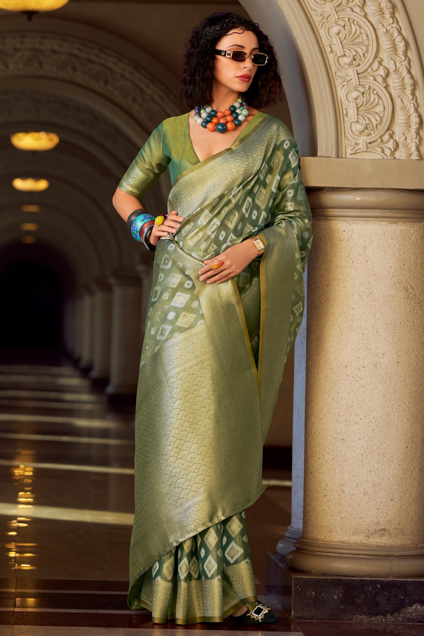 Buy MySilkLove Mineral Green Tissue Silk Saree Online