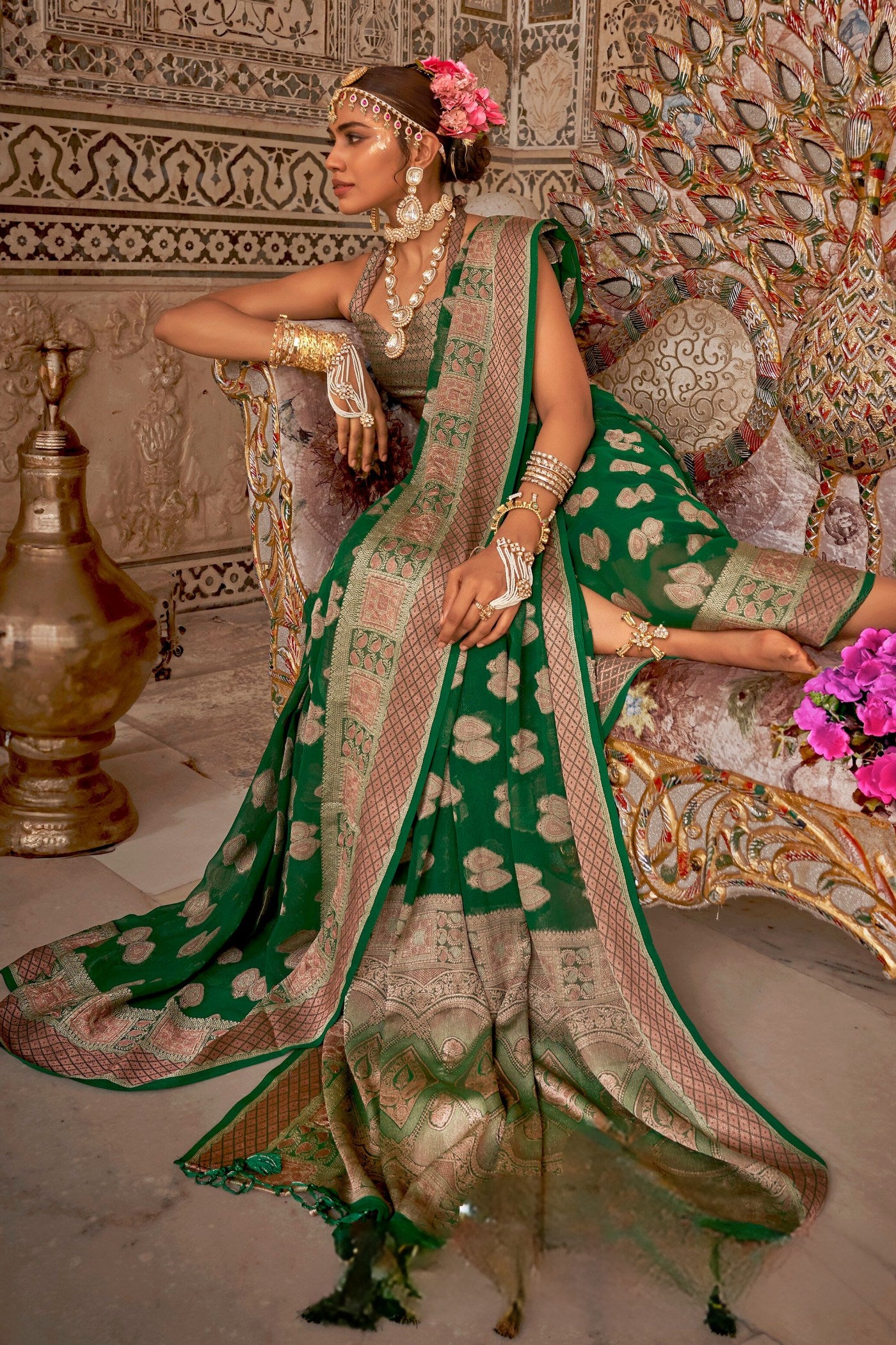 Buy MySilkLove Leaves Green Zari Woven Georgette Saree Online