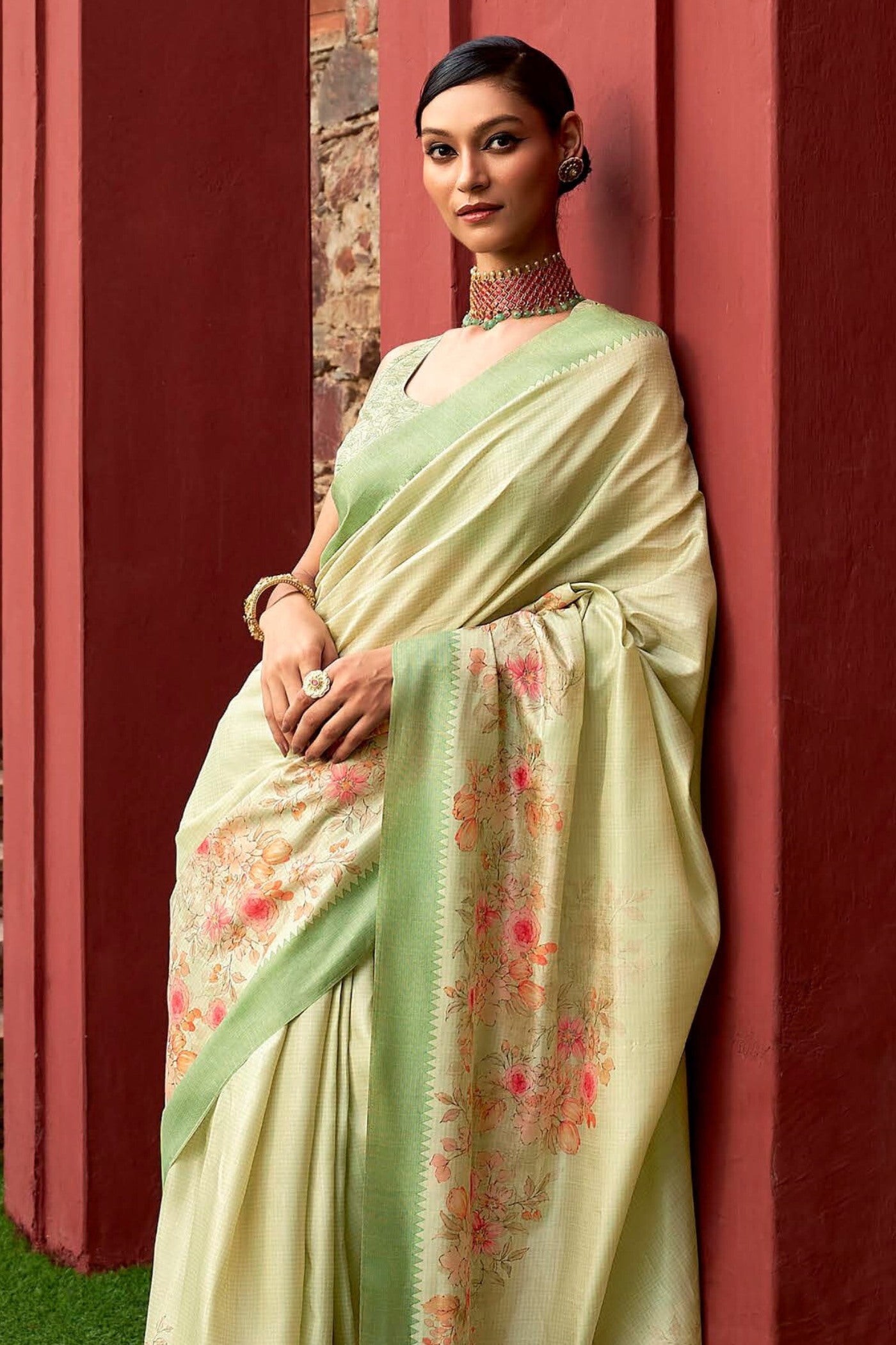 Buy MySilkLove Yuma Green Digital Printed Banarasi Saree Online