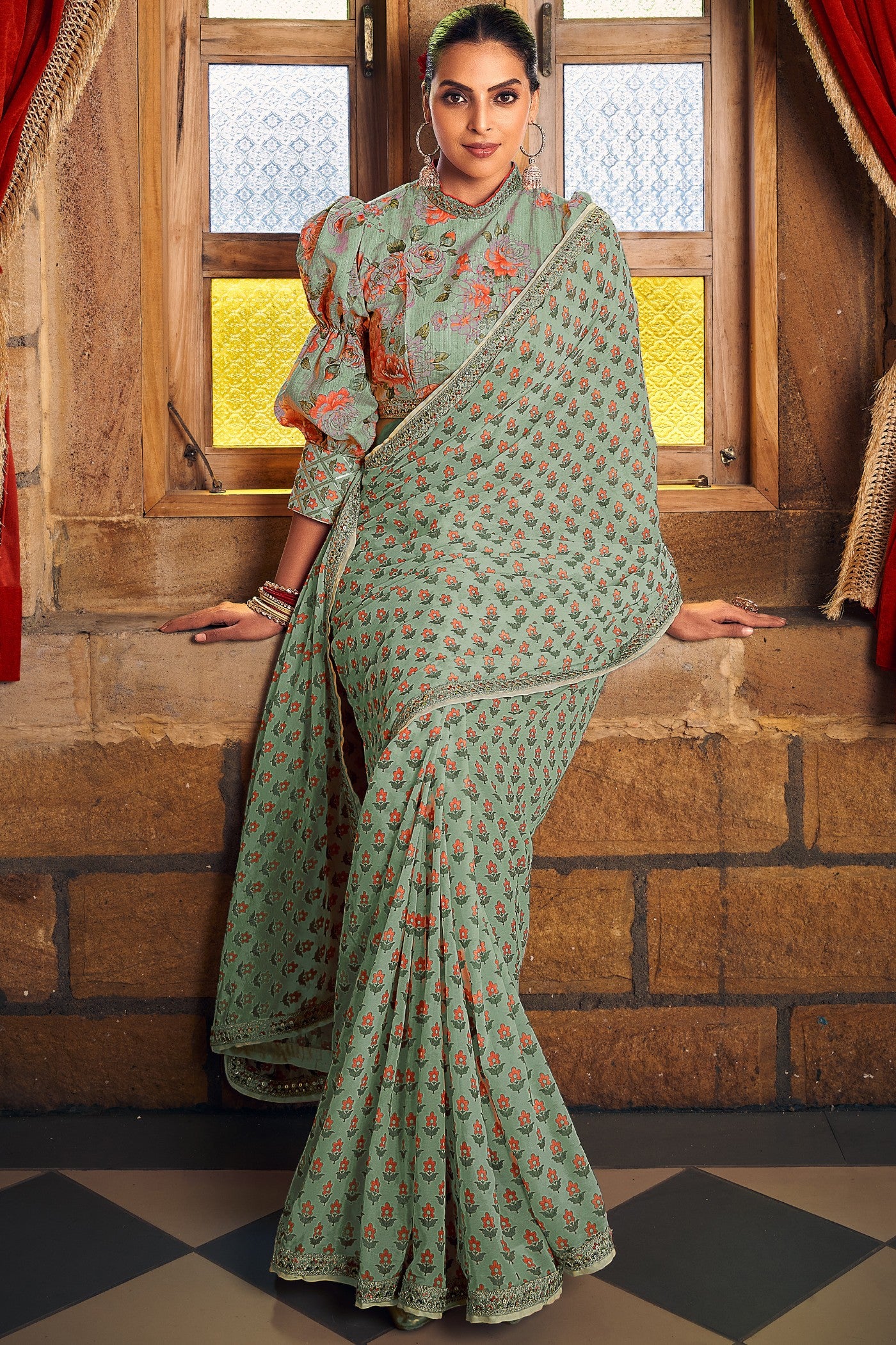 Buy MySilkLove Pista Green Georgette Digital Printed Saree Online