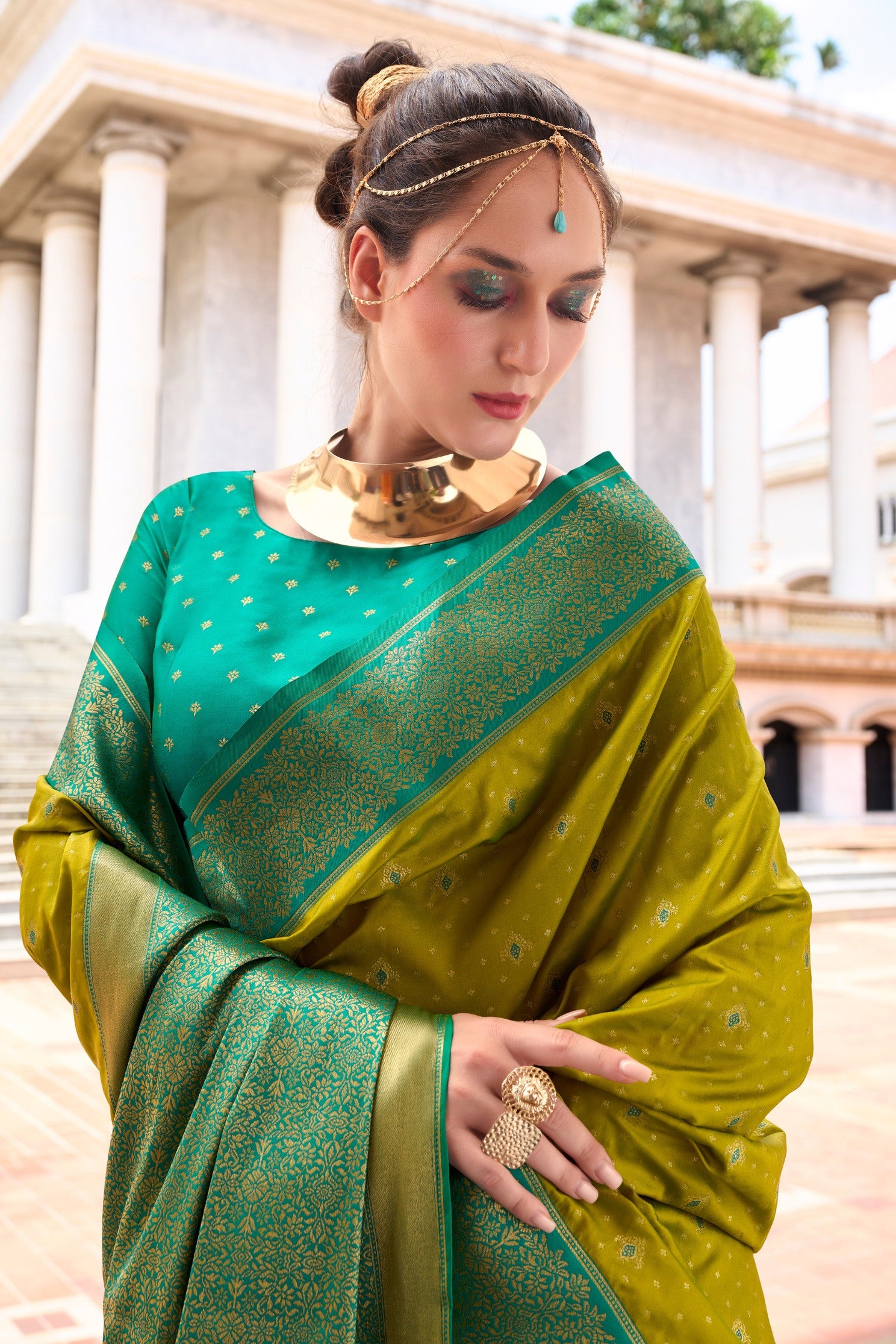 MySilkLove Dark Mustard Green Zari Woven Banarasi Soft Silk Saree