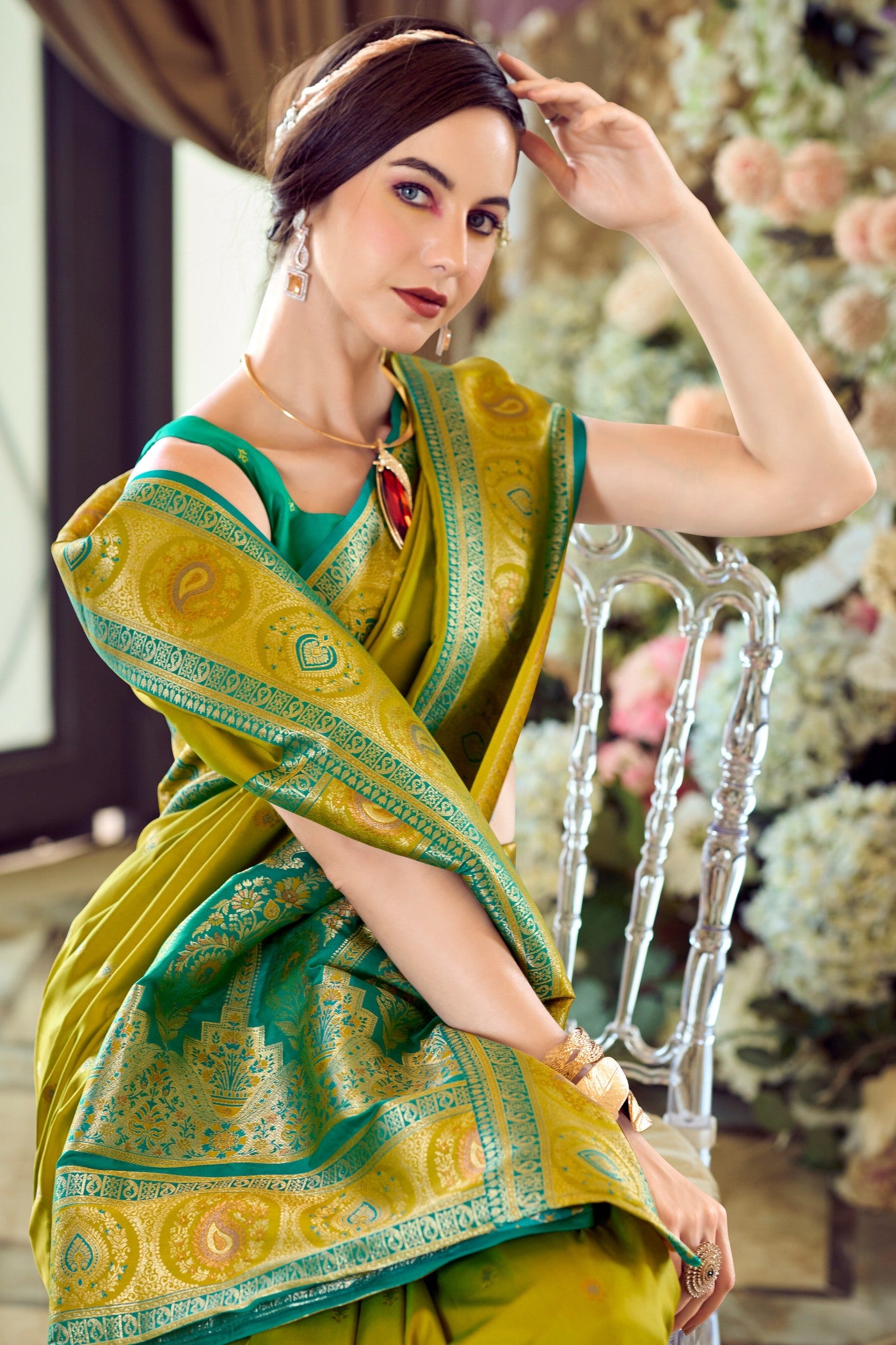 Buy MySilkLove Hacienda Green Woven Banarasi Soft Silk Saree Online