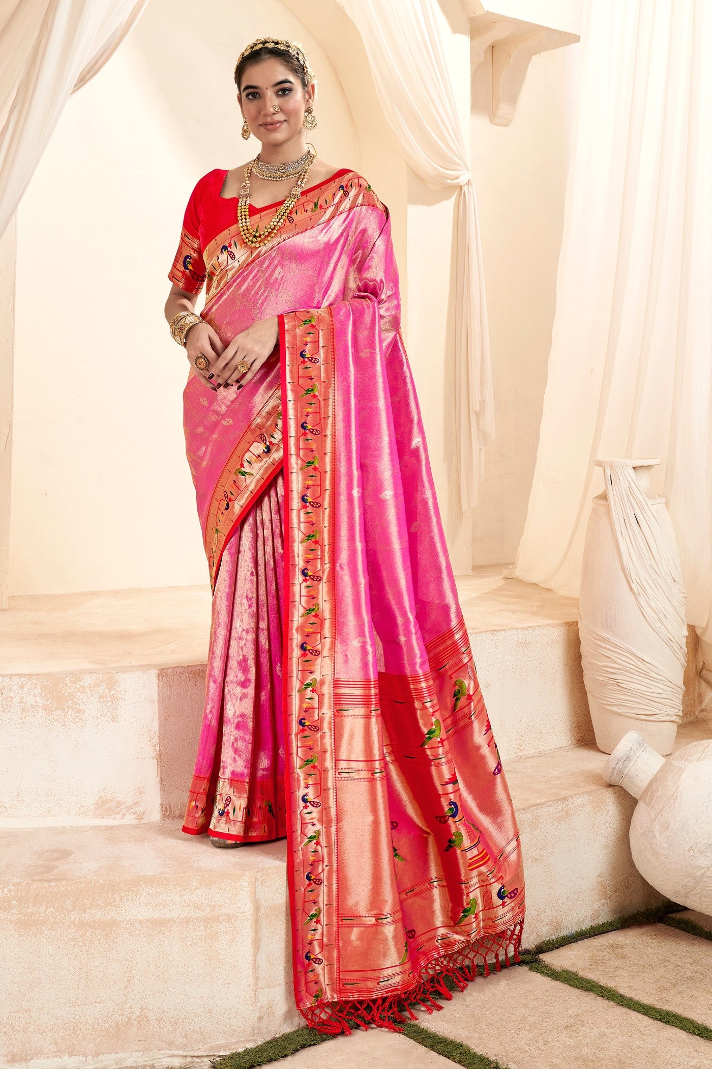 Buy MySilkLove Coral Pink Zari Woven Paithani Tissue Saree Online