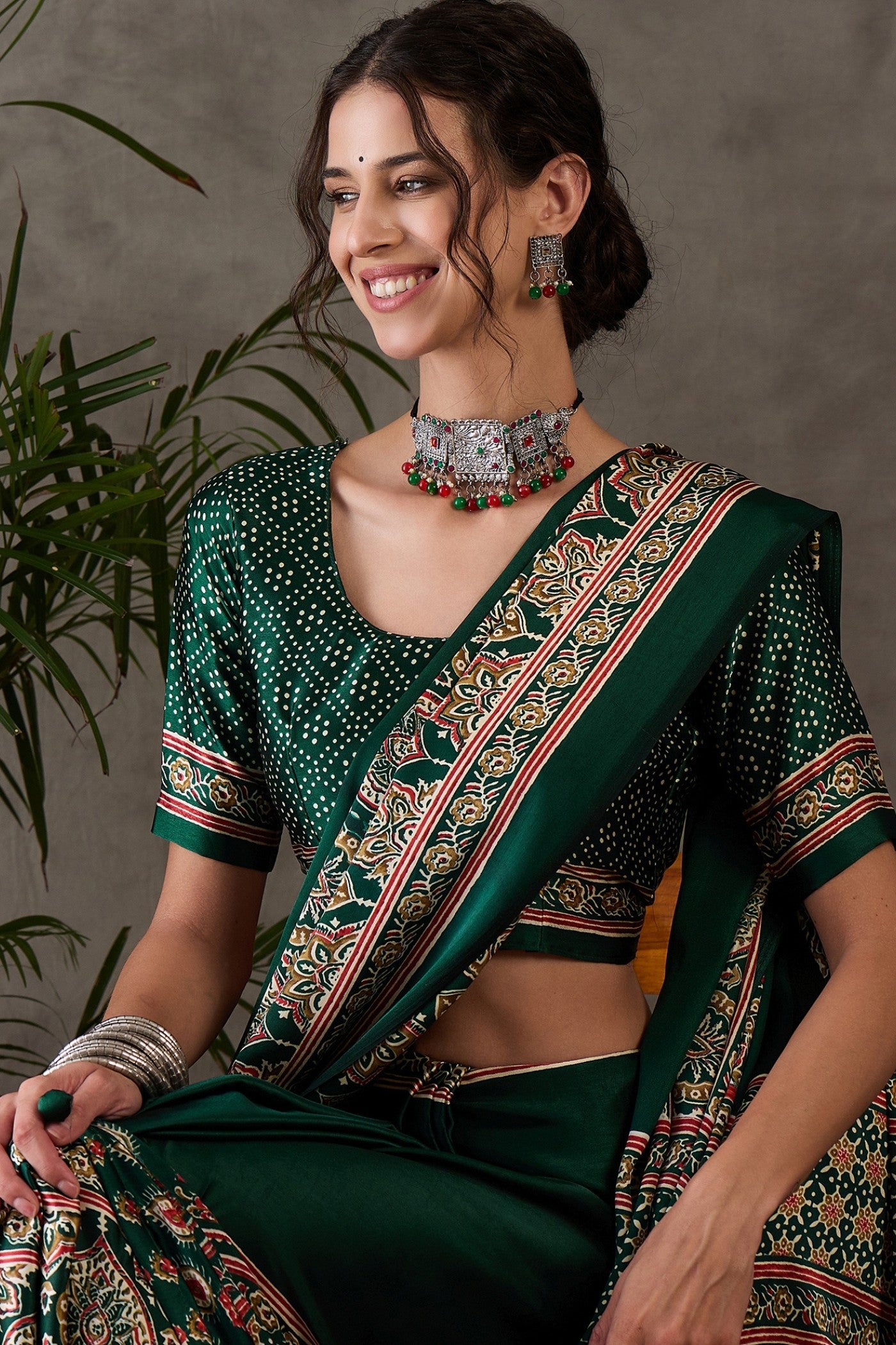 MySilkLove Fern Green Printed Satin Gaji Silk Saree