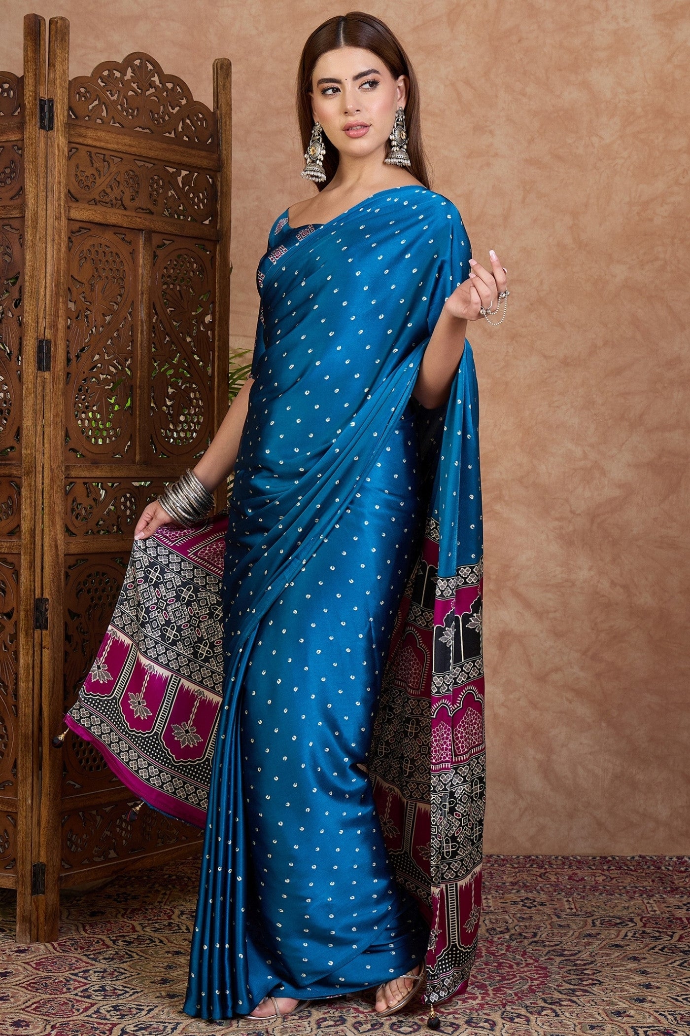 Buy MySilkLove Savoy Blue Ajrakh Printed Satin Crepe Silk Saree Online