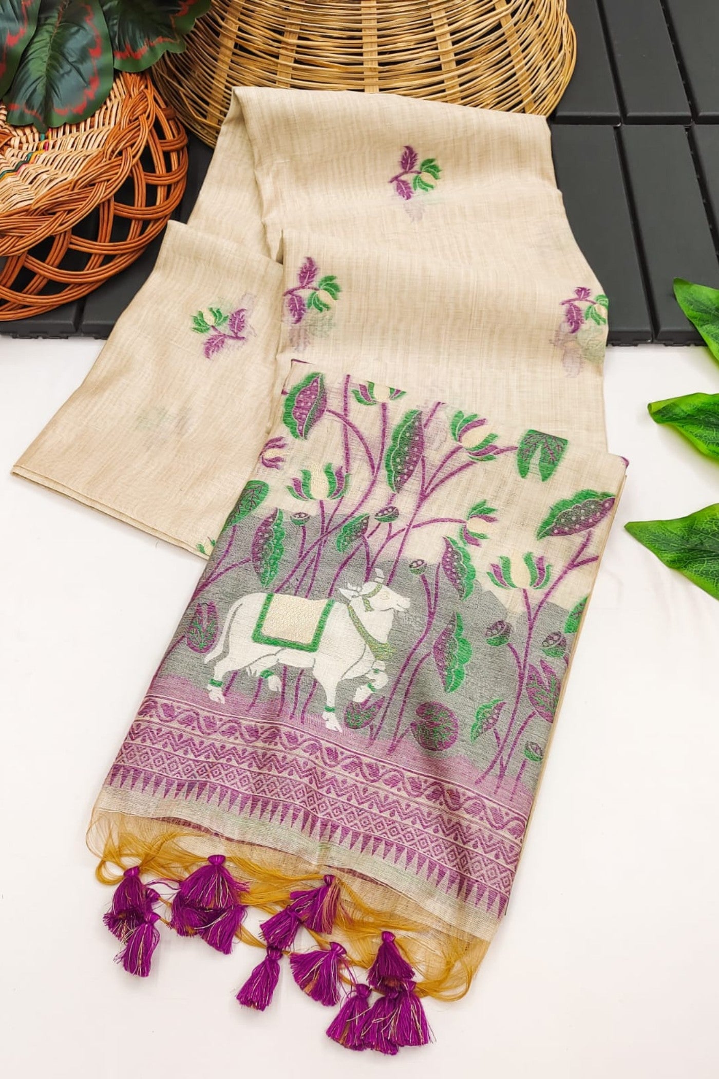 Buy MySilkLove Soapstone White and Green Muga Cotton Saree Online