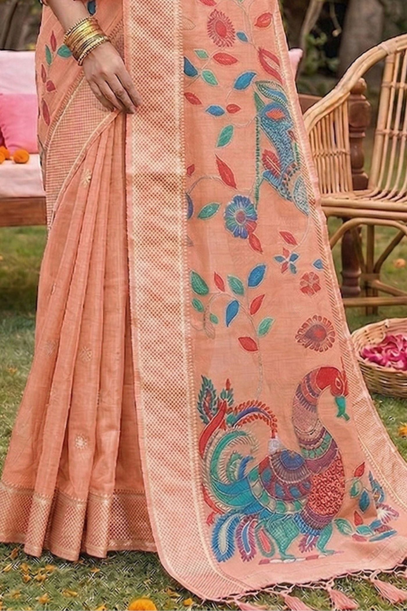 Buy MySilkLove Apricot Peach Woven Linen Cotton Saree Online