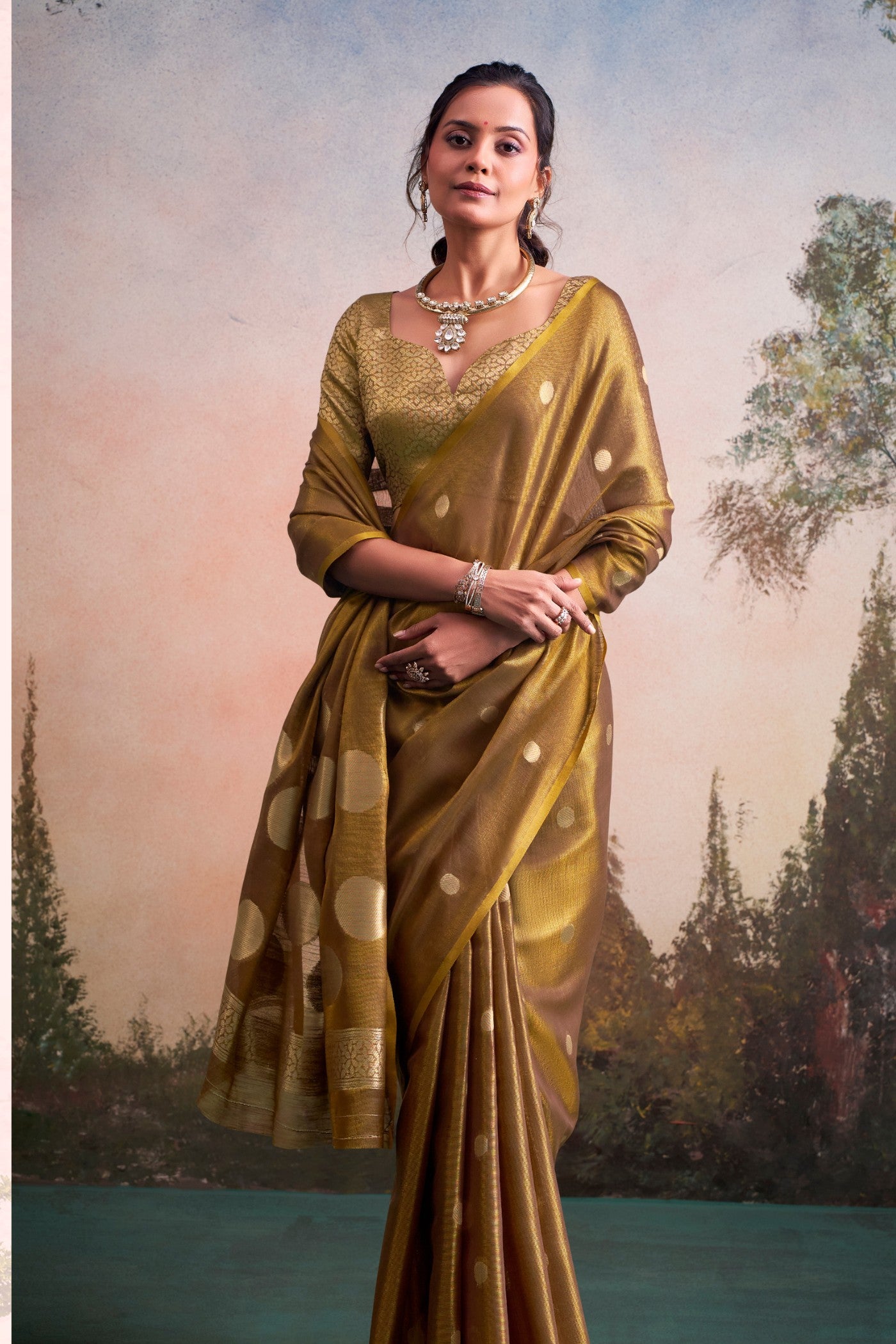 Buy MySilkLove Khaki Brown Handloom Tissue Saree Online