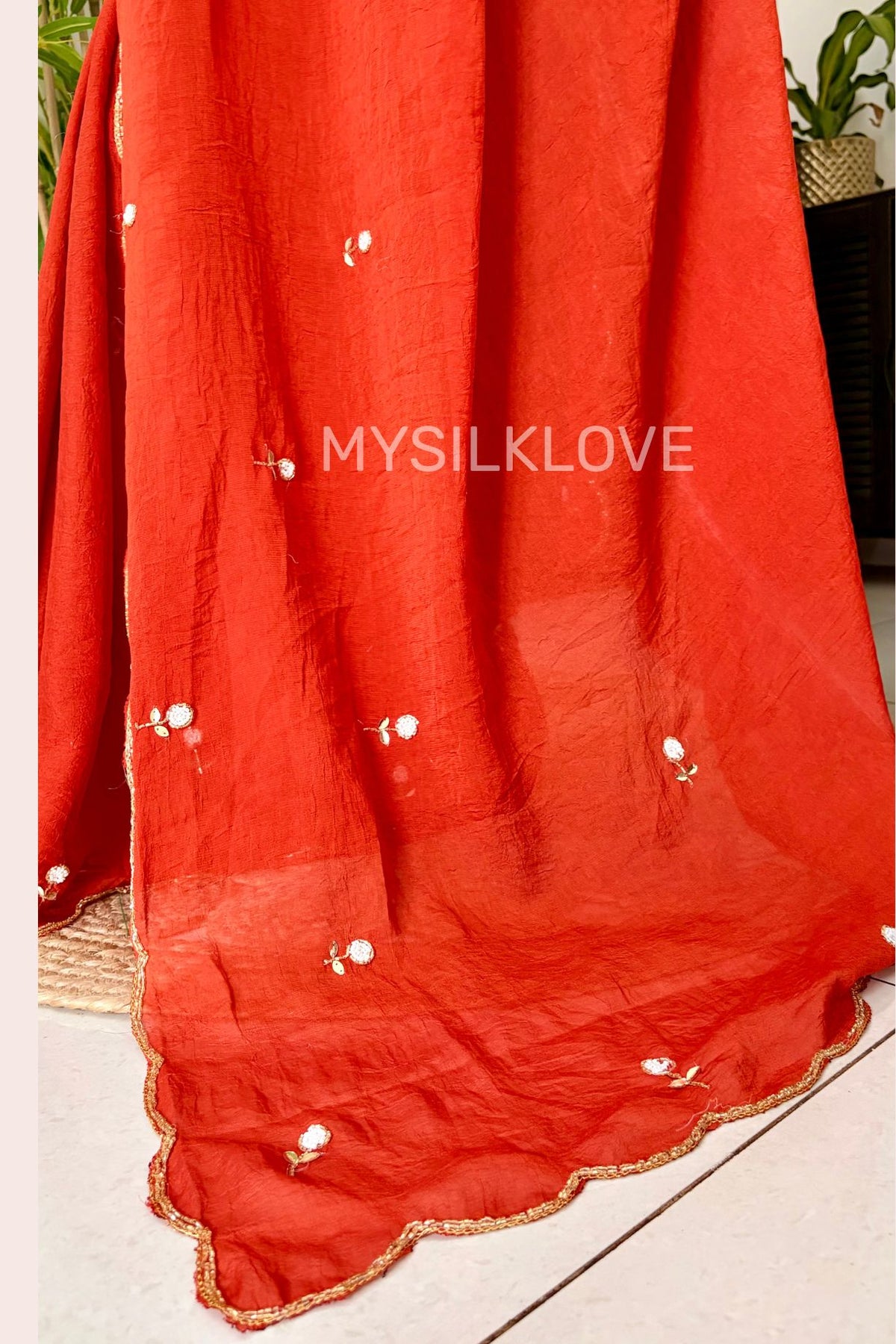 Buy MySilkLove Burnt Orange Georgette Floral Sequins Bid Work Saree Online