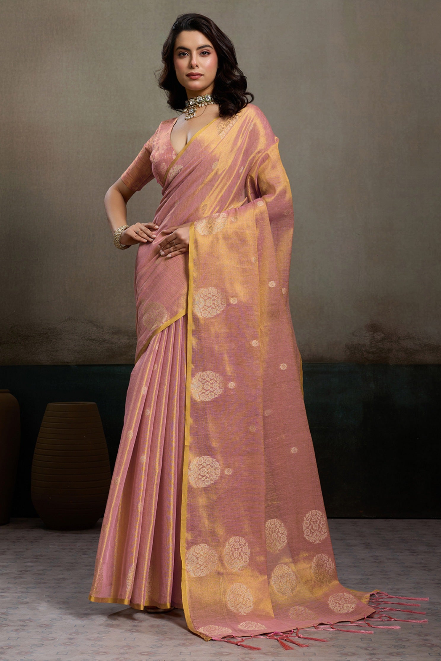 Buy MySilkLove Muted Peach Woven Tissue Saree Online