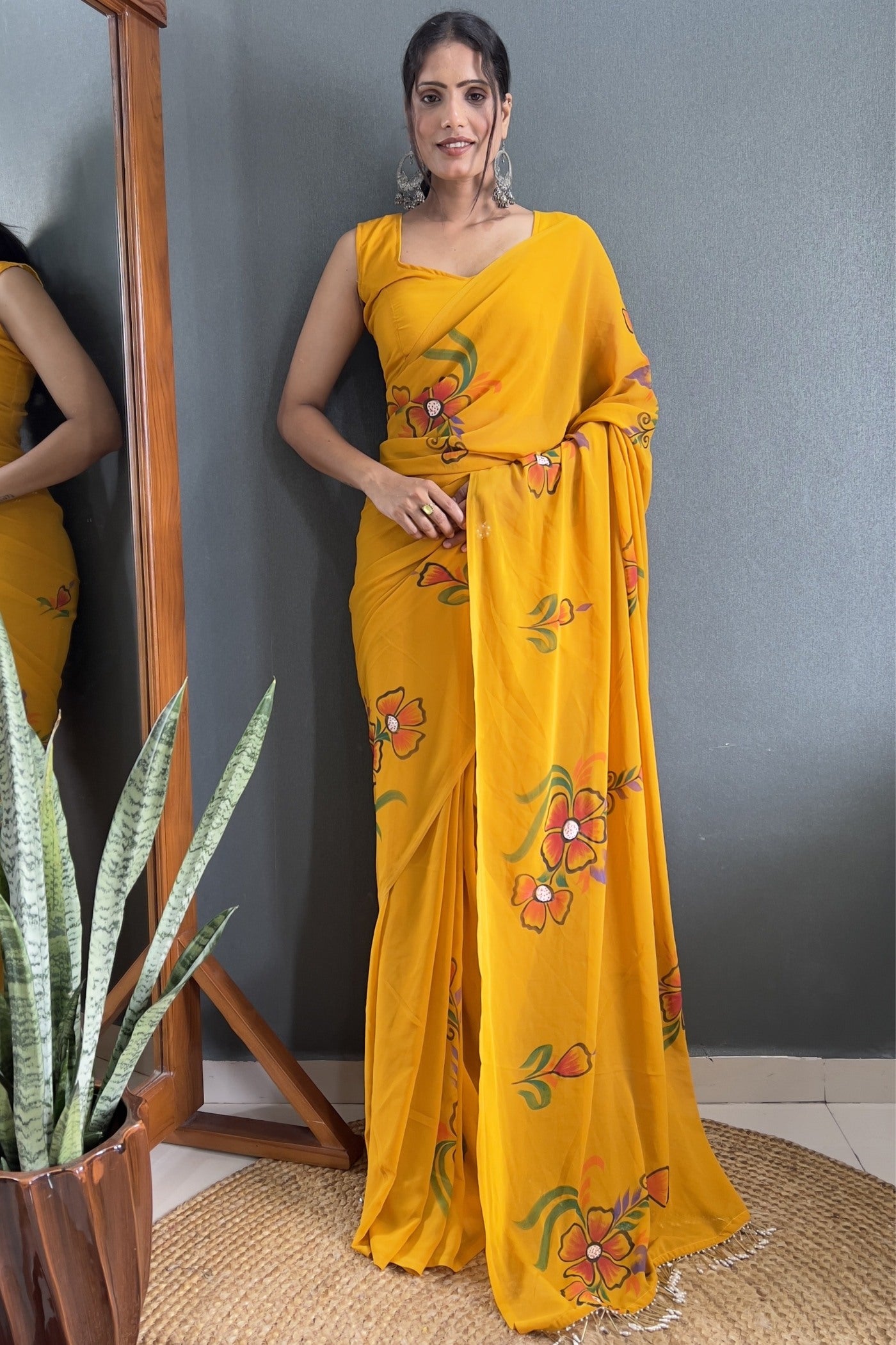 Buy MySilkLove Calla lily Yellow Hand Painted Georgette Saree Online