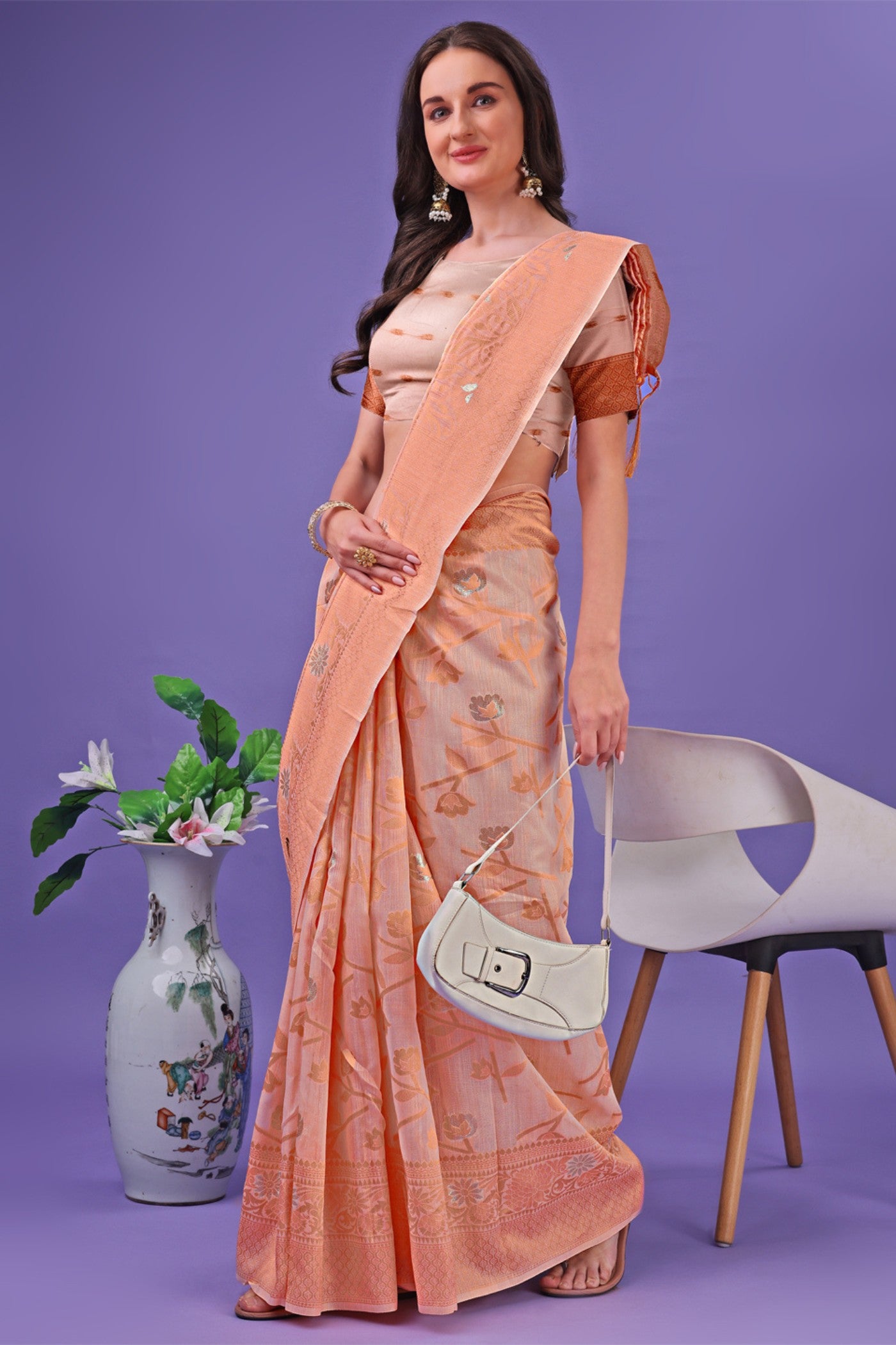 MySilkLove Pum Peach Linen Cotton Saree