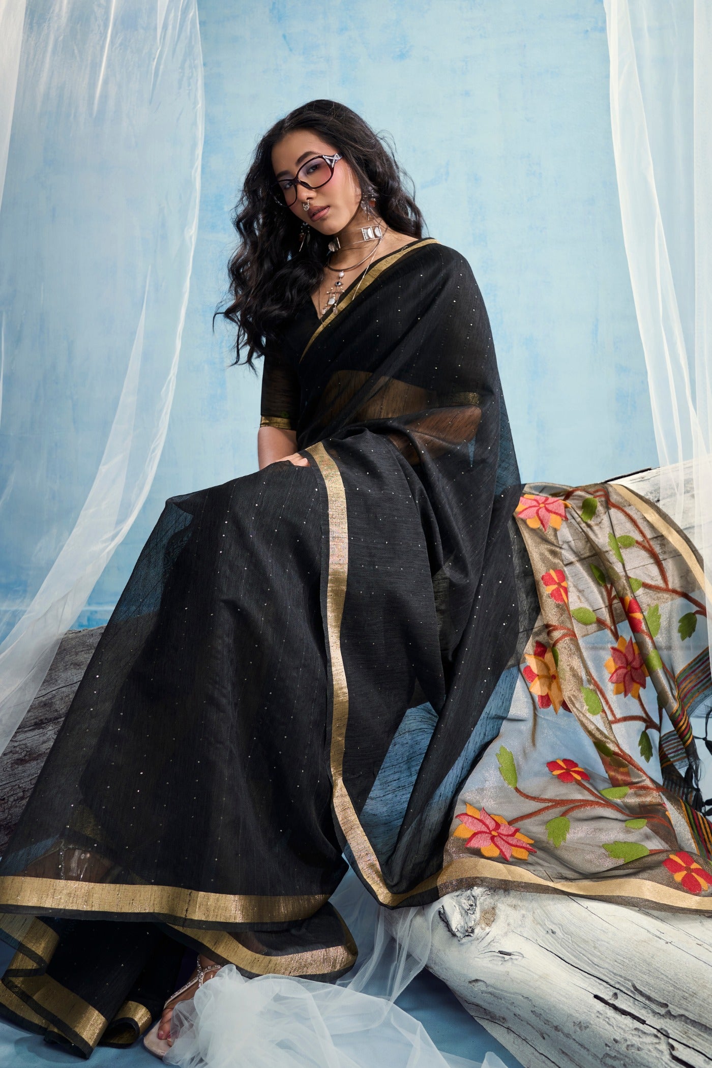 Buy MySilkLove Black Bean Munga Handloom Tissue Pallu Saree Online
