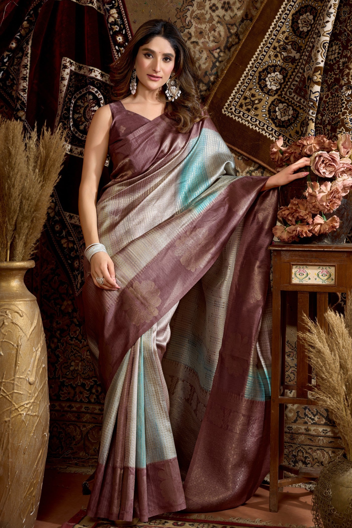 Buy MySilkLove Taupe Purple Banarasi Soft Silk Saree Online