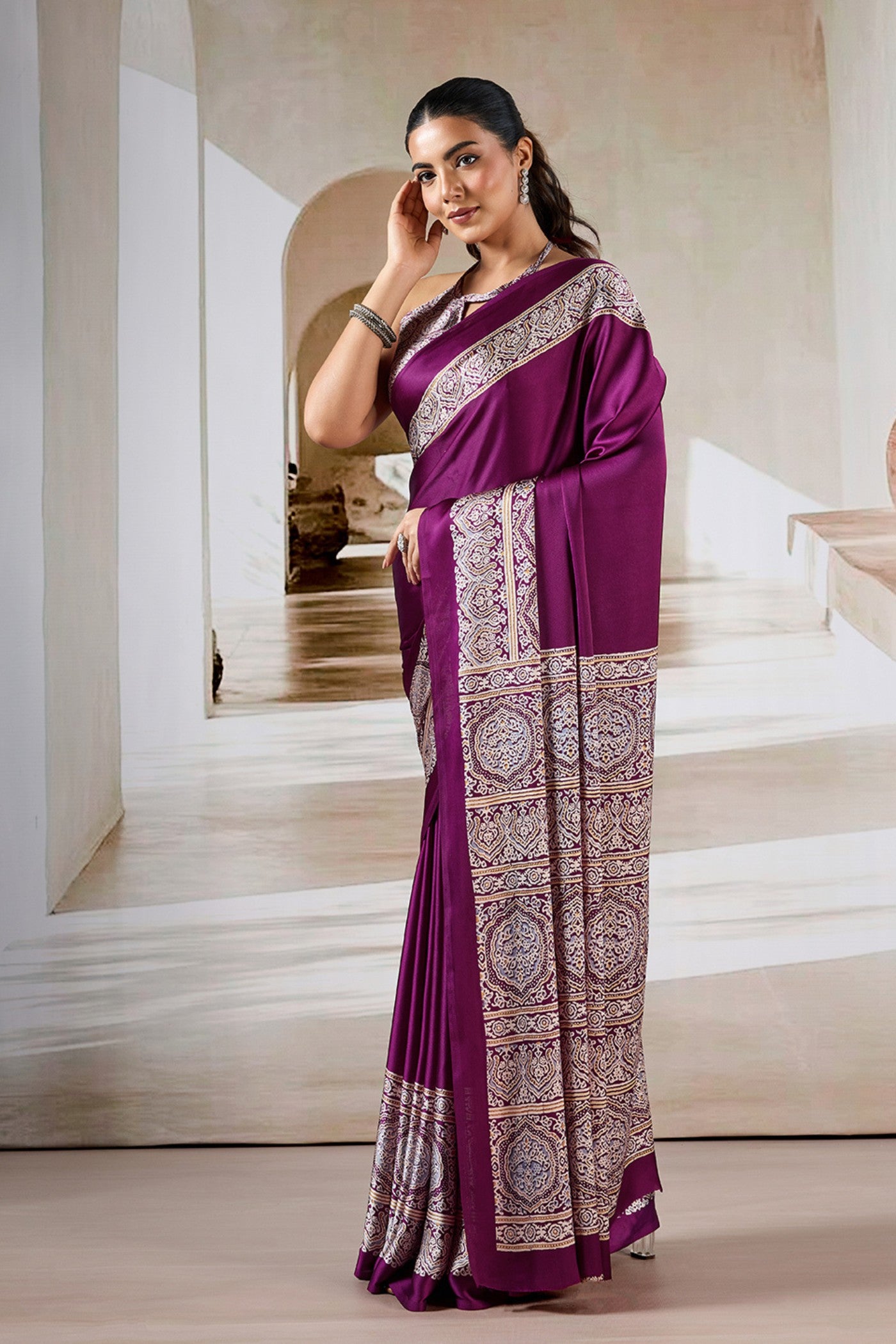 Buy MySilkLove Purple pizzazz Ajrakh Printed Satin Crepe Silk Saree Online